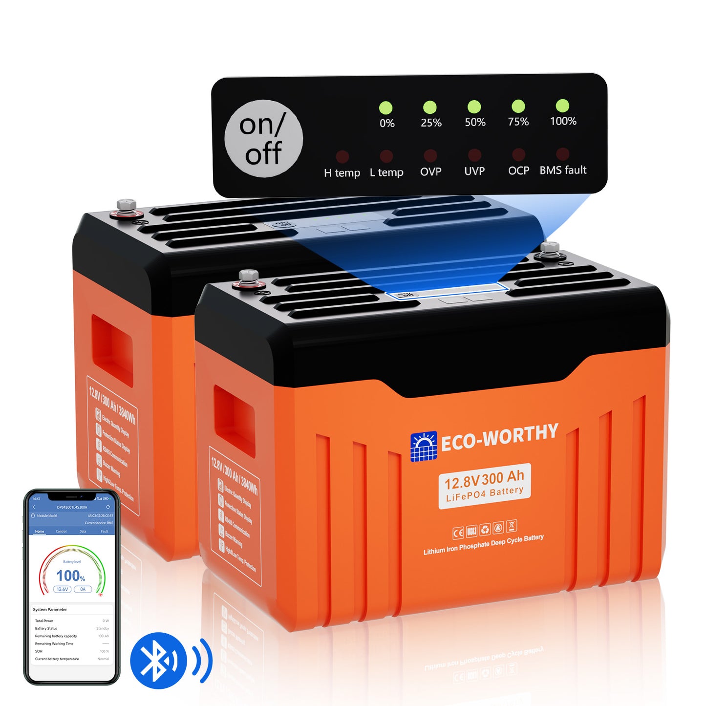Batería de litio LiFePO4 de 12V y 300Ah con Bluetooth