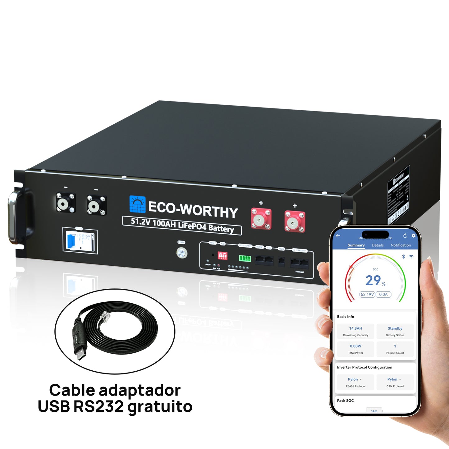 Batería para rack de servidor ECO-WORTHY de 48V(51,2V) 100 Ah LiFePO4, tamaño 3U, con Bluetooth y wifi