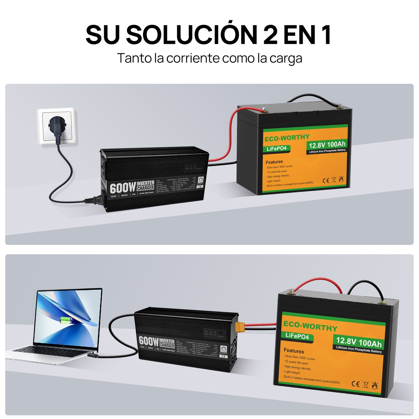 Cargador de batería LiFePO4 de 14,6V y 25A con inversor de 600 W de 12V a 230V para batería