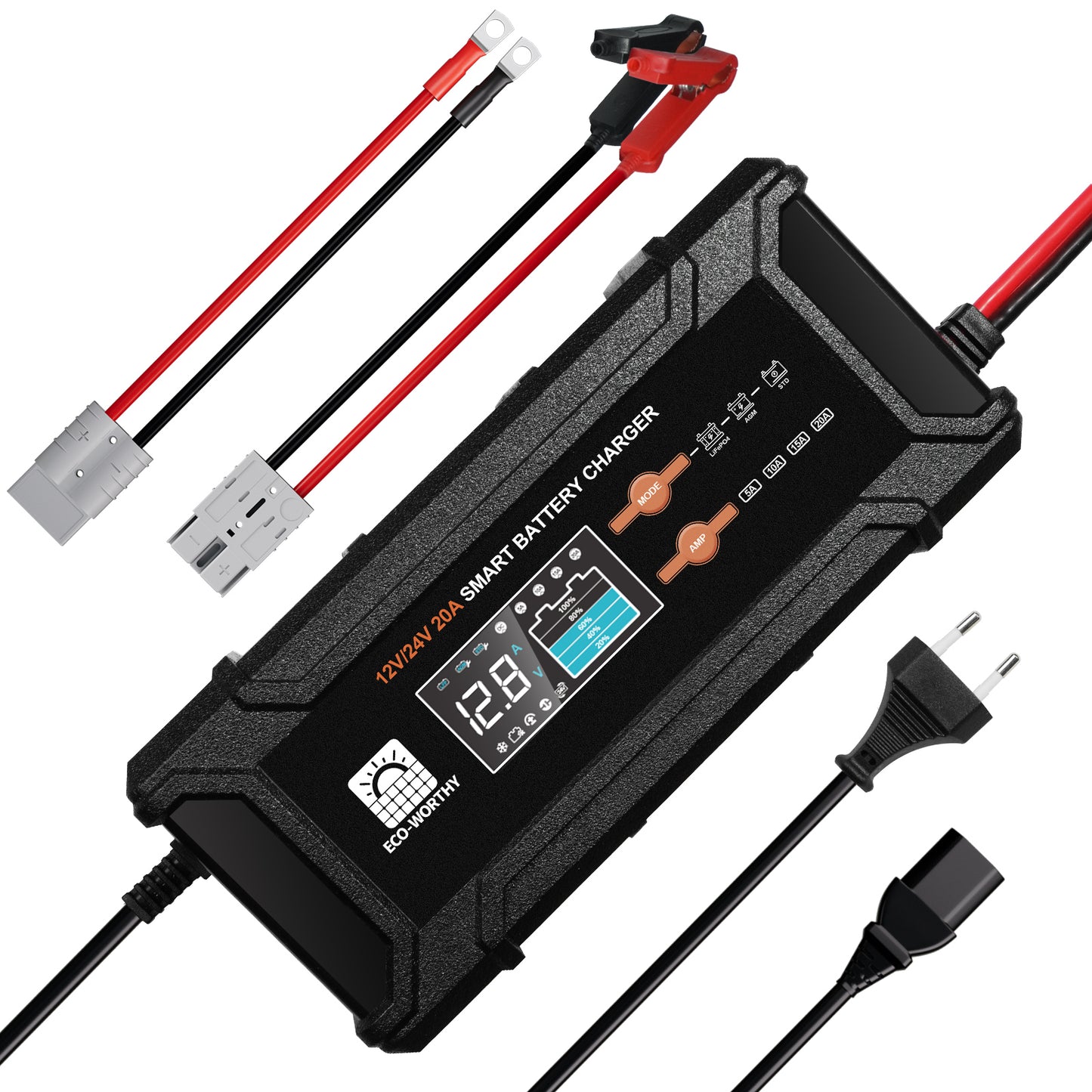 Cargador de batería inteligente de 20 A, 12 V/24 V con pantalla LCD para la mayoría de las baterías
