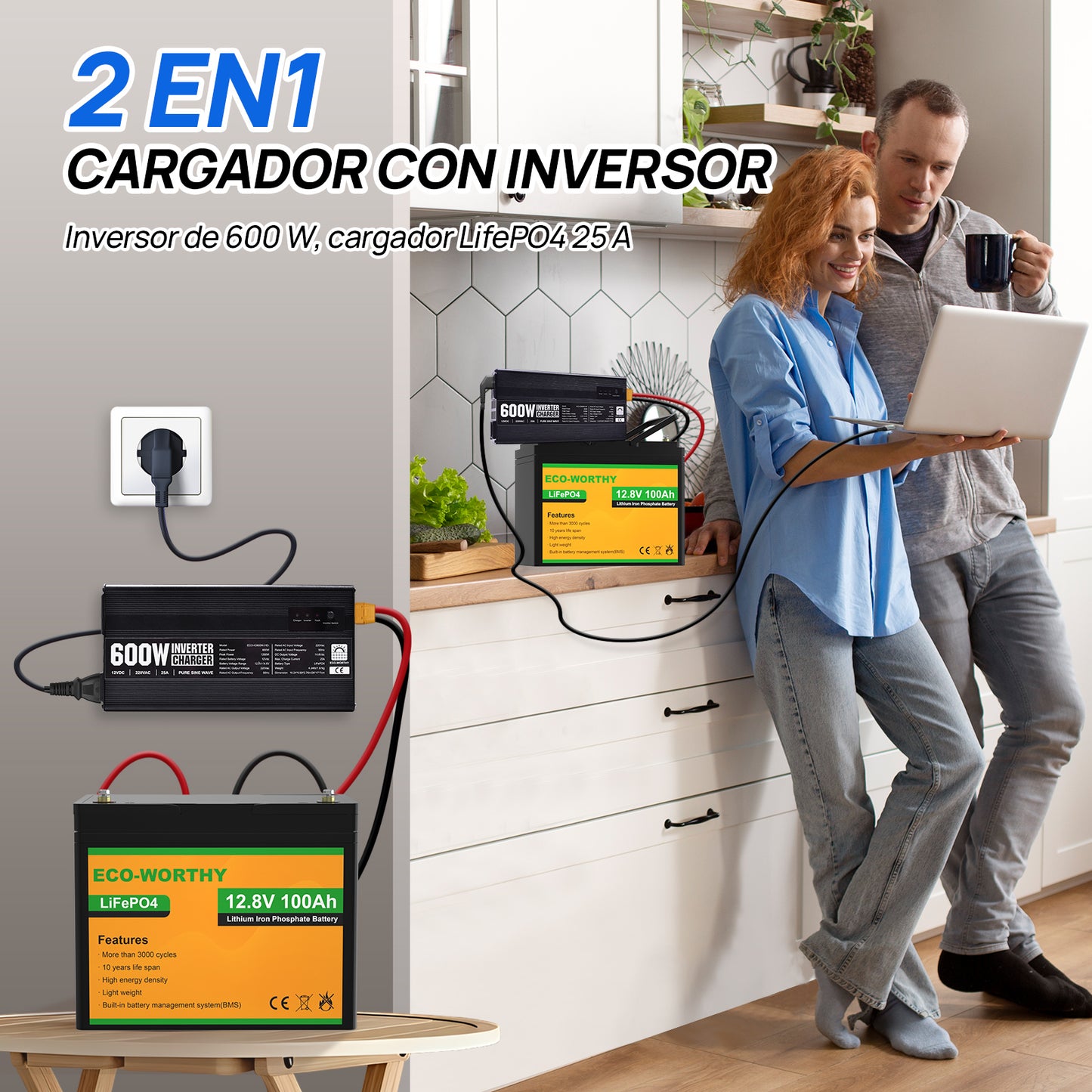 Cargador de batería LiFePO4 de 14,6V y 25A con inversor de 600 W de 12V a 230V para batería