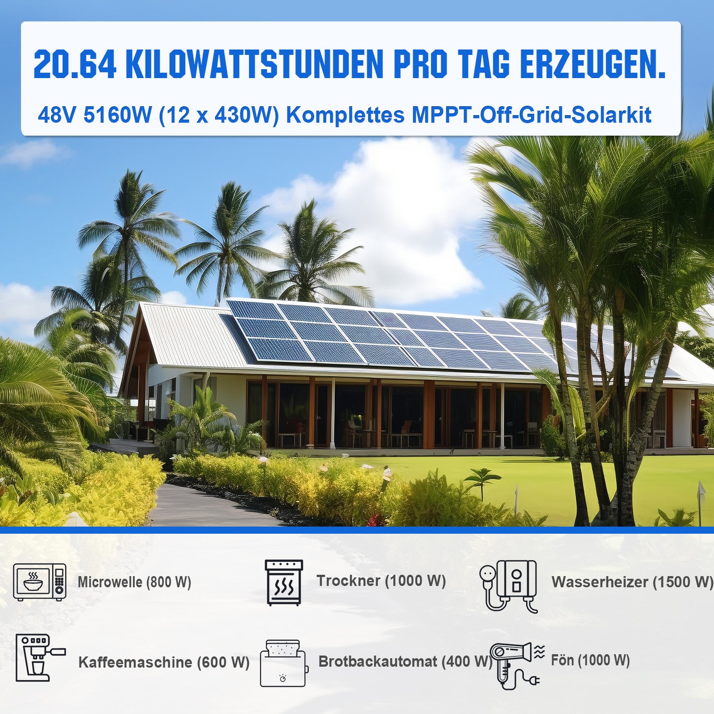 Kit solar MPPT completo para autoconsumo fuera de la red 48V 5160W (12x 430W)