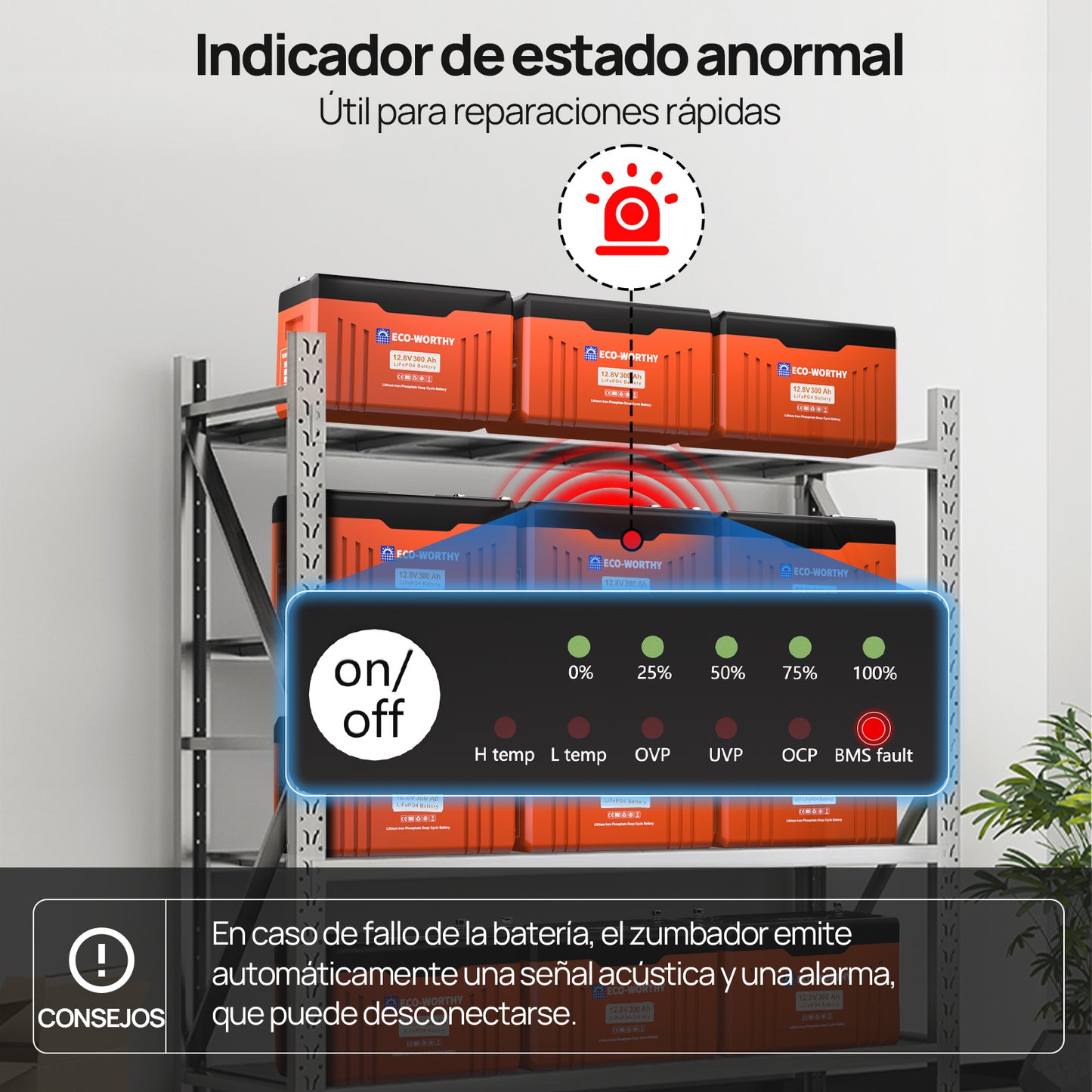 Batería de litio LiFePO4 de 12V y 300Ah con Bluetooth