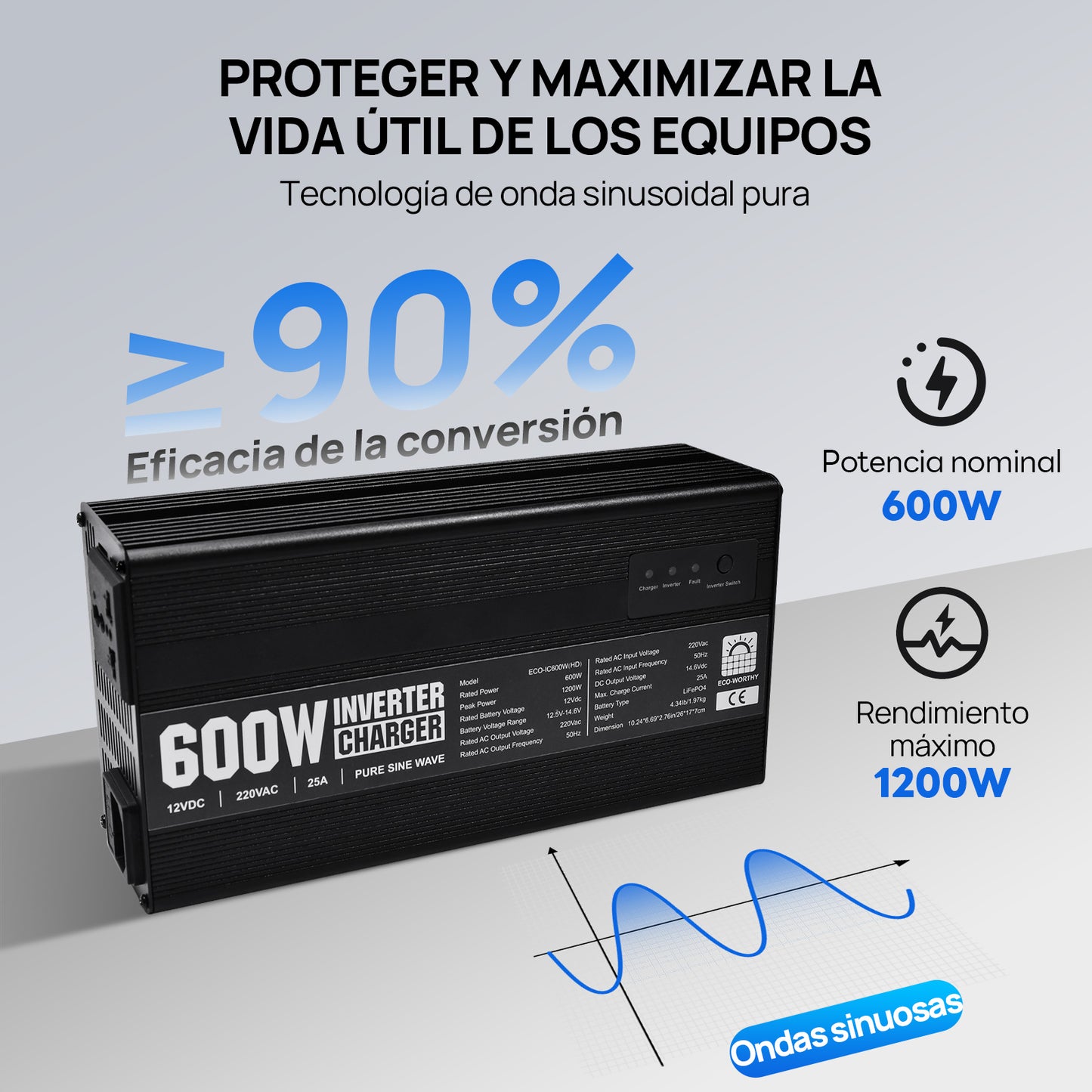Cargador de batería LiFePO4 de 14,6V y 25A con inversor de 600 W de 12V a 230V para batería