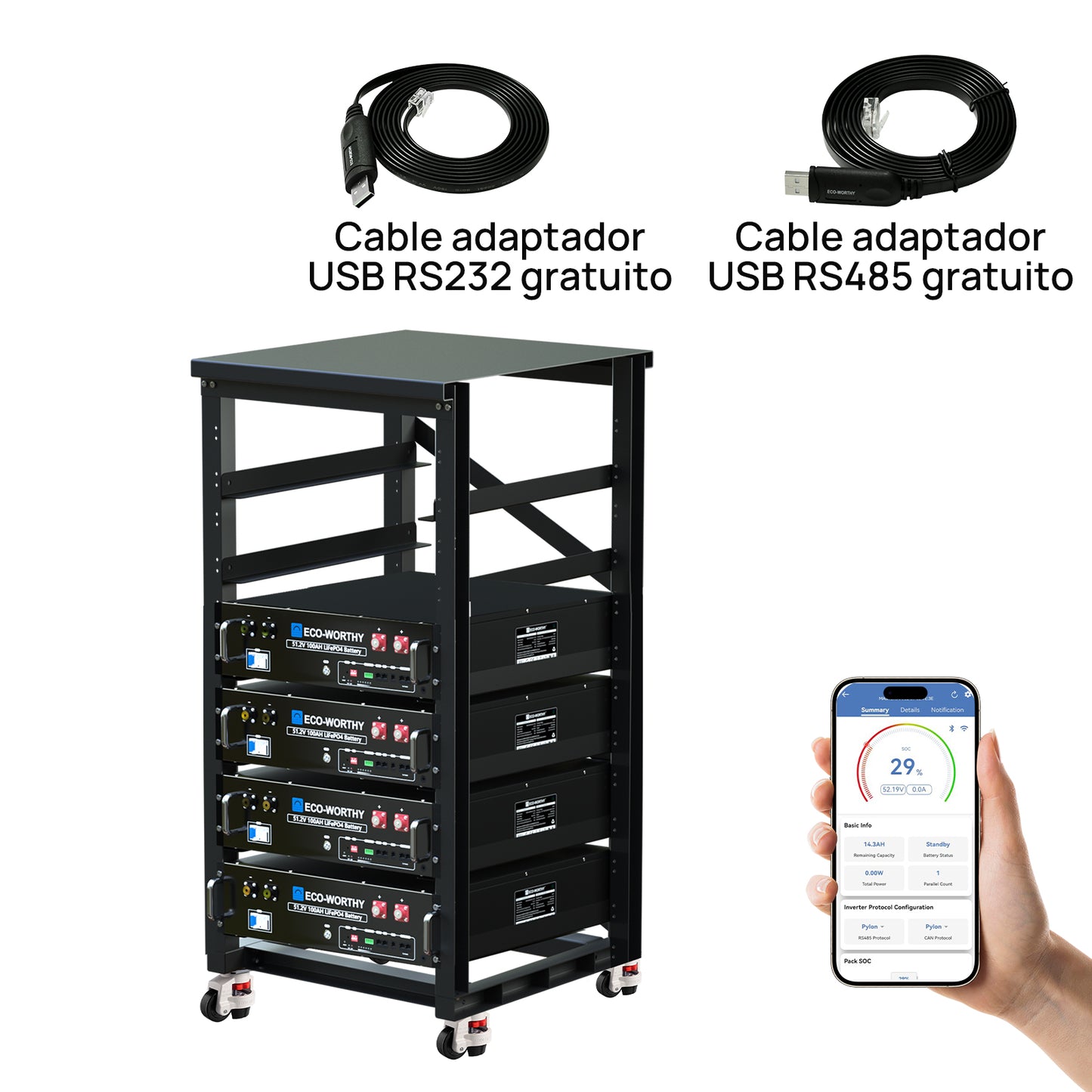 Batería para rack de servidor ECO-WORTHY de 48V(51,2V) 100 Ah LiFePO4, tamaño 3U, con Bluetooth y wifi