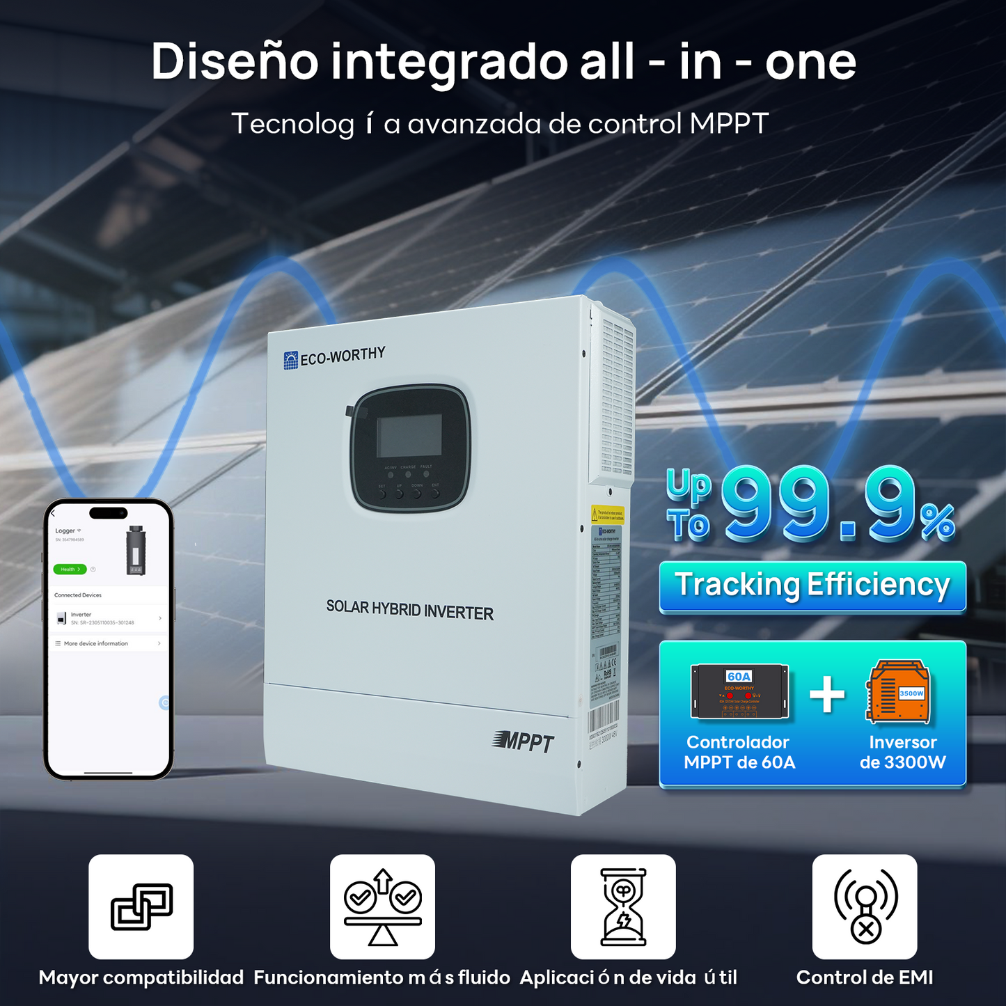 Kit solar MPPT completo para autoconsumo fuera de la red, 48V 1560W(8 x 195W bifaciales)