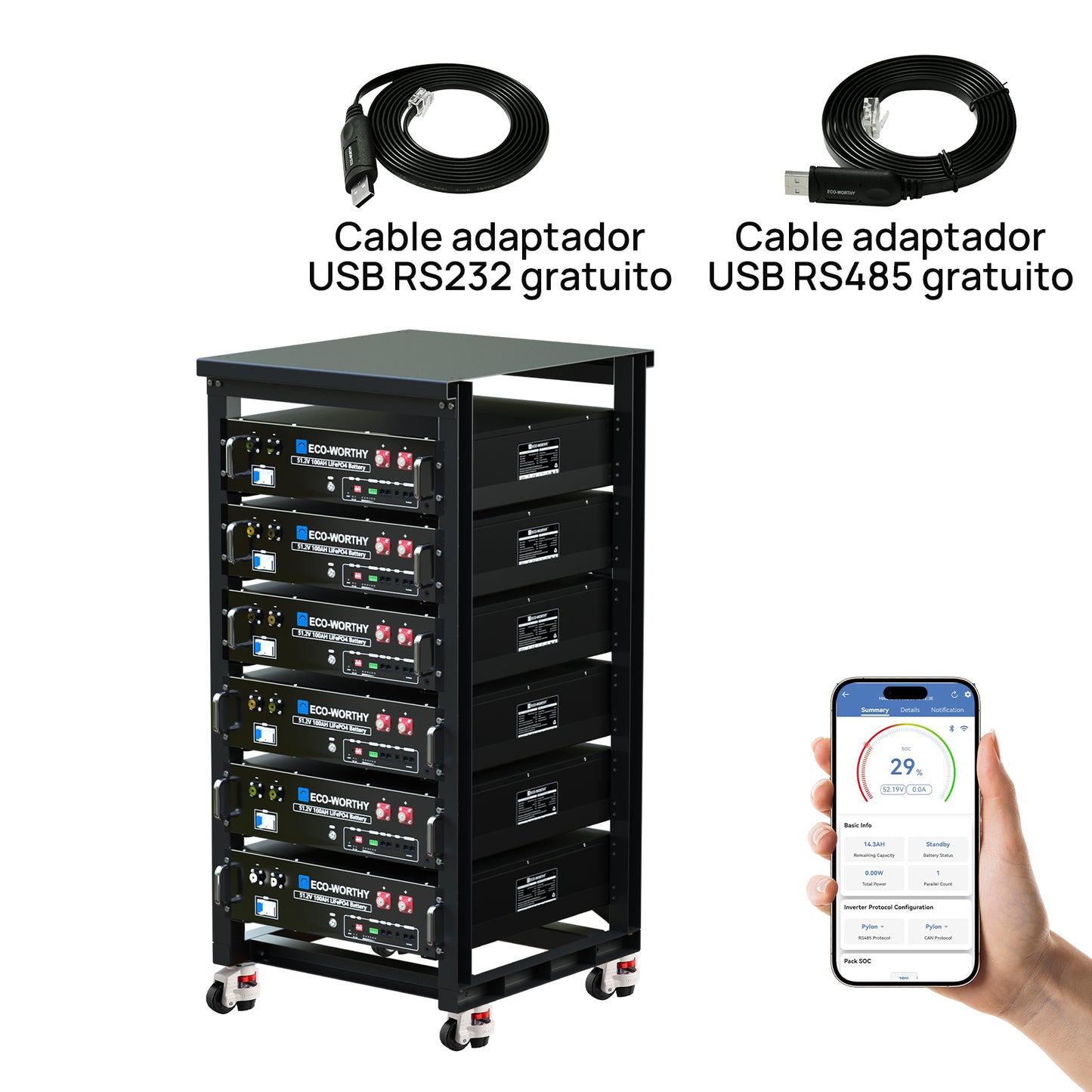 Batería para rack de servidor ECO-WORTHY de 48V(51,2V) 100 Ah LiFePO4, tamaño 3U, con Bluetooth y wifi
