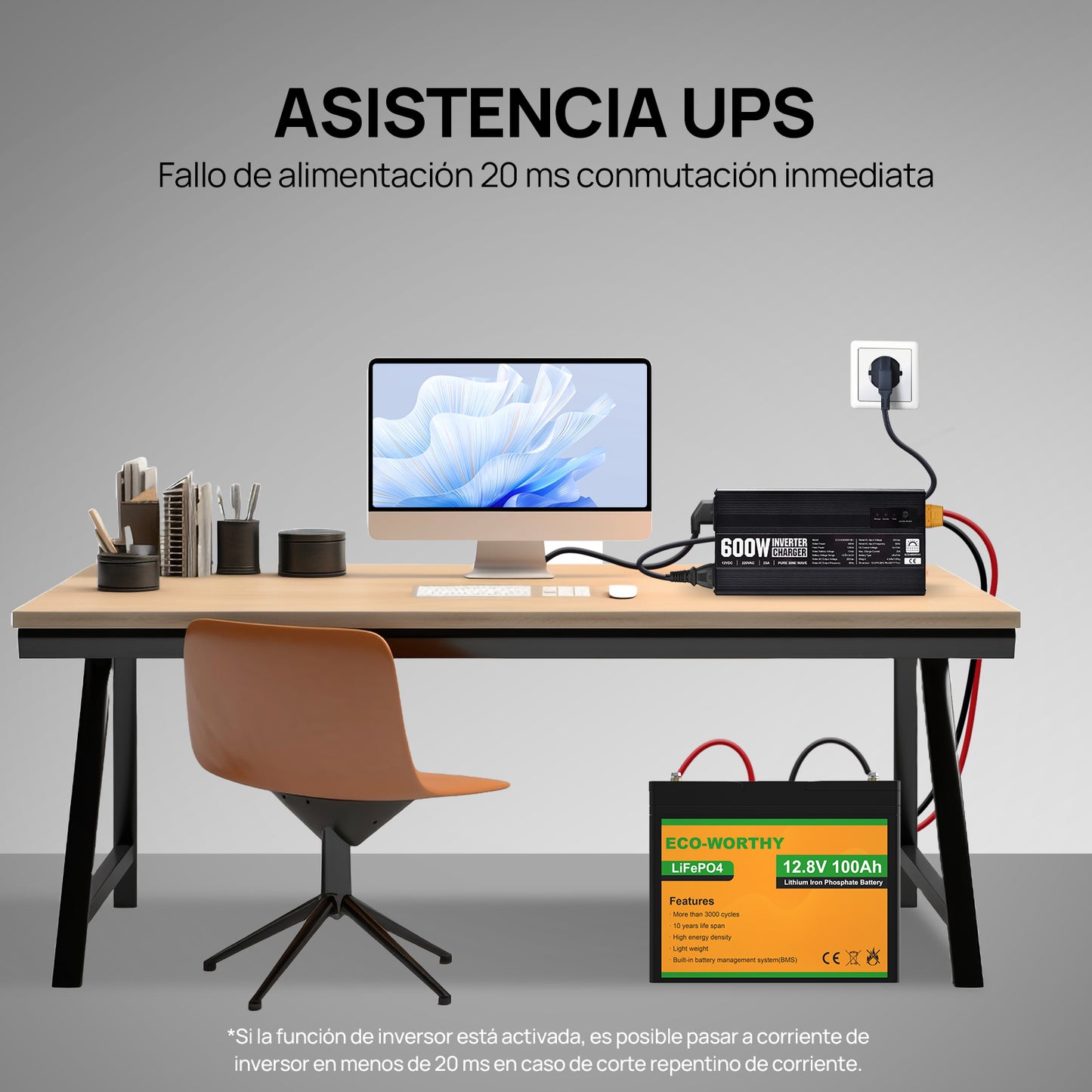 Cargador de batería LiFePO4 de 14,6V y 25A con inversor de 600 W de 12V a 230V para batería