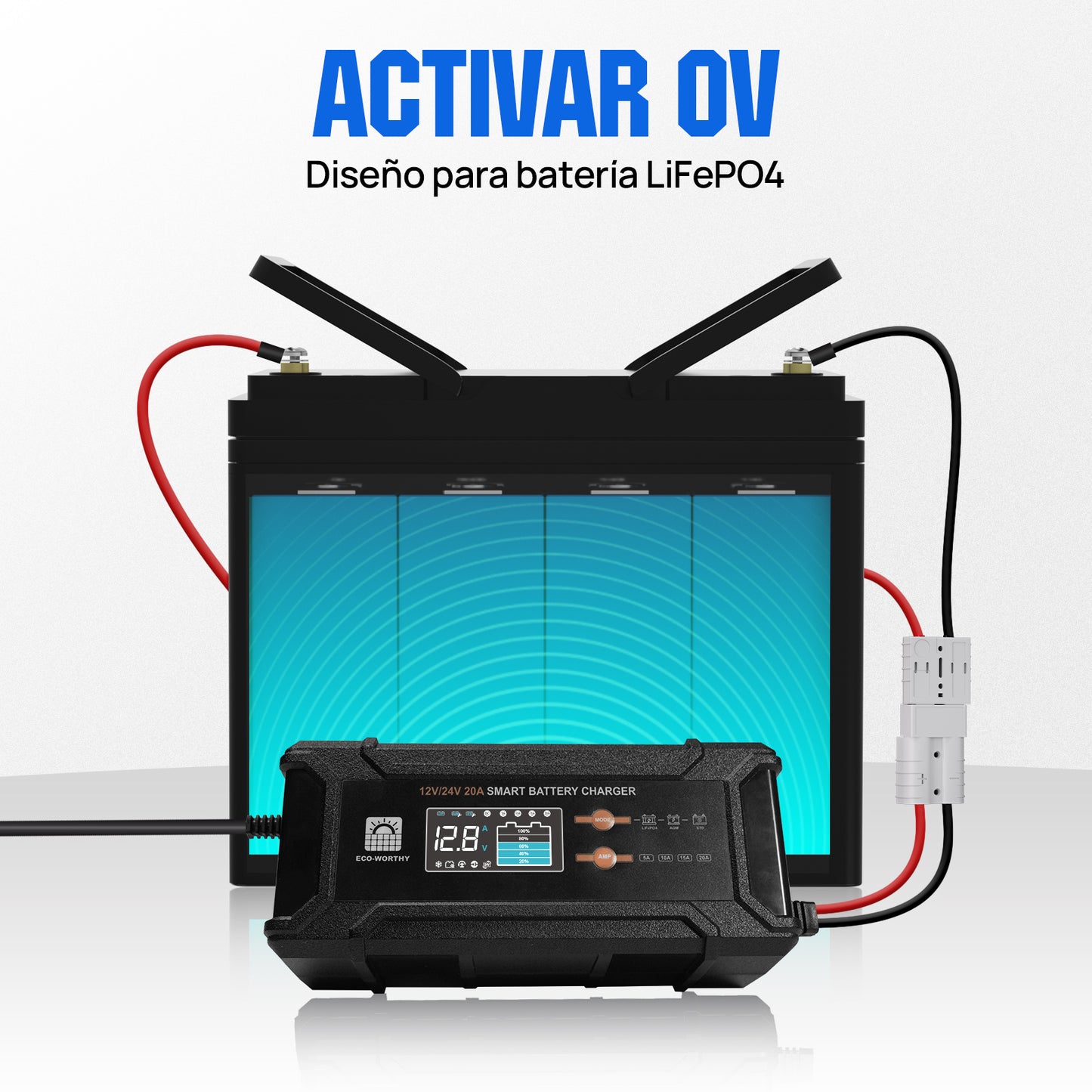 Cargador de batería inteligente de 20 A, 12 V/24 V con pantalla LCD para la mayoría de las baterías