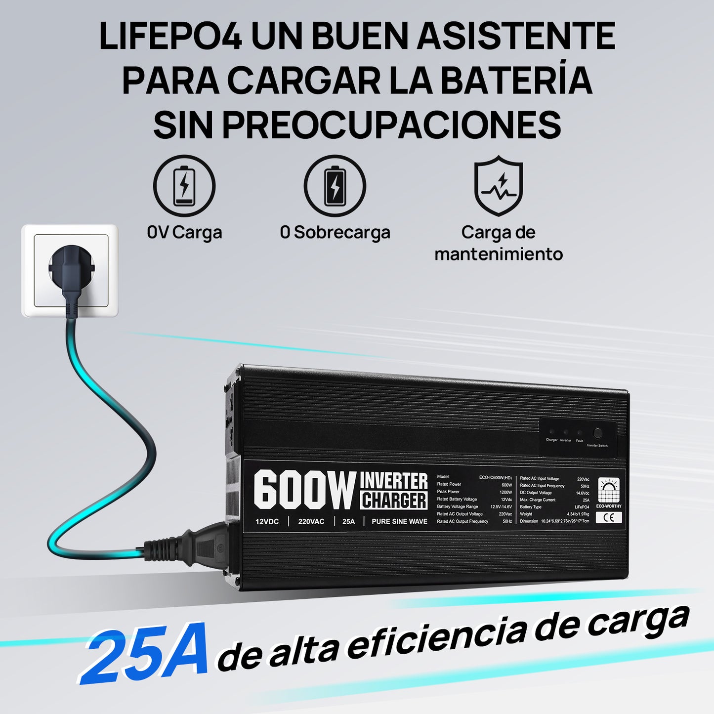 Cargador de batería LiFePO4 de 14,6V y 25A con inversor de 600 W de 12V a 230V para batería