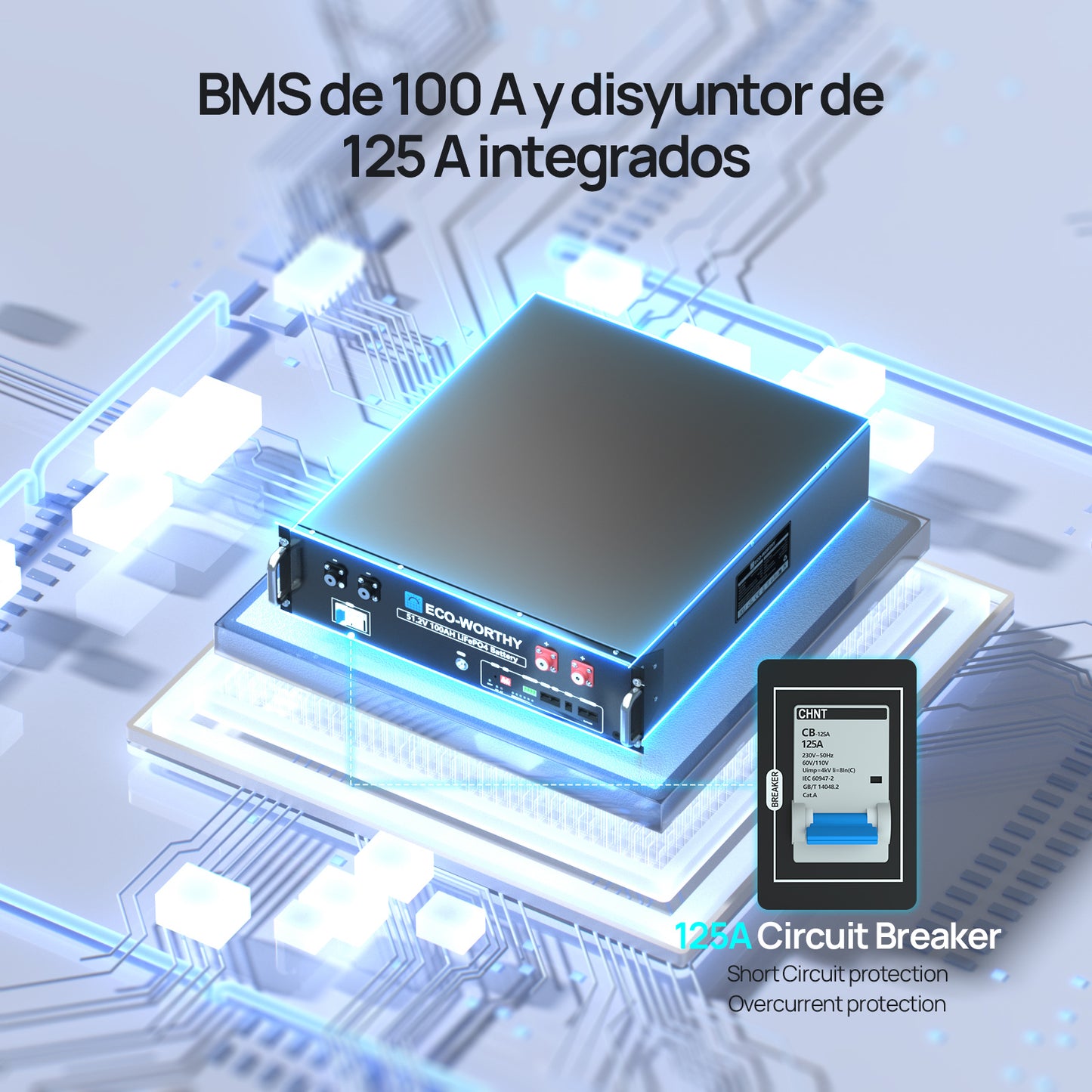 Batería para rack de servidor ECO-WORTHY de 48V(51,2V) 100 Ah LiFePO4, tamaño 3U, con Bluetooth y wifi