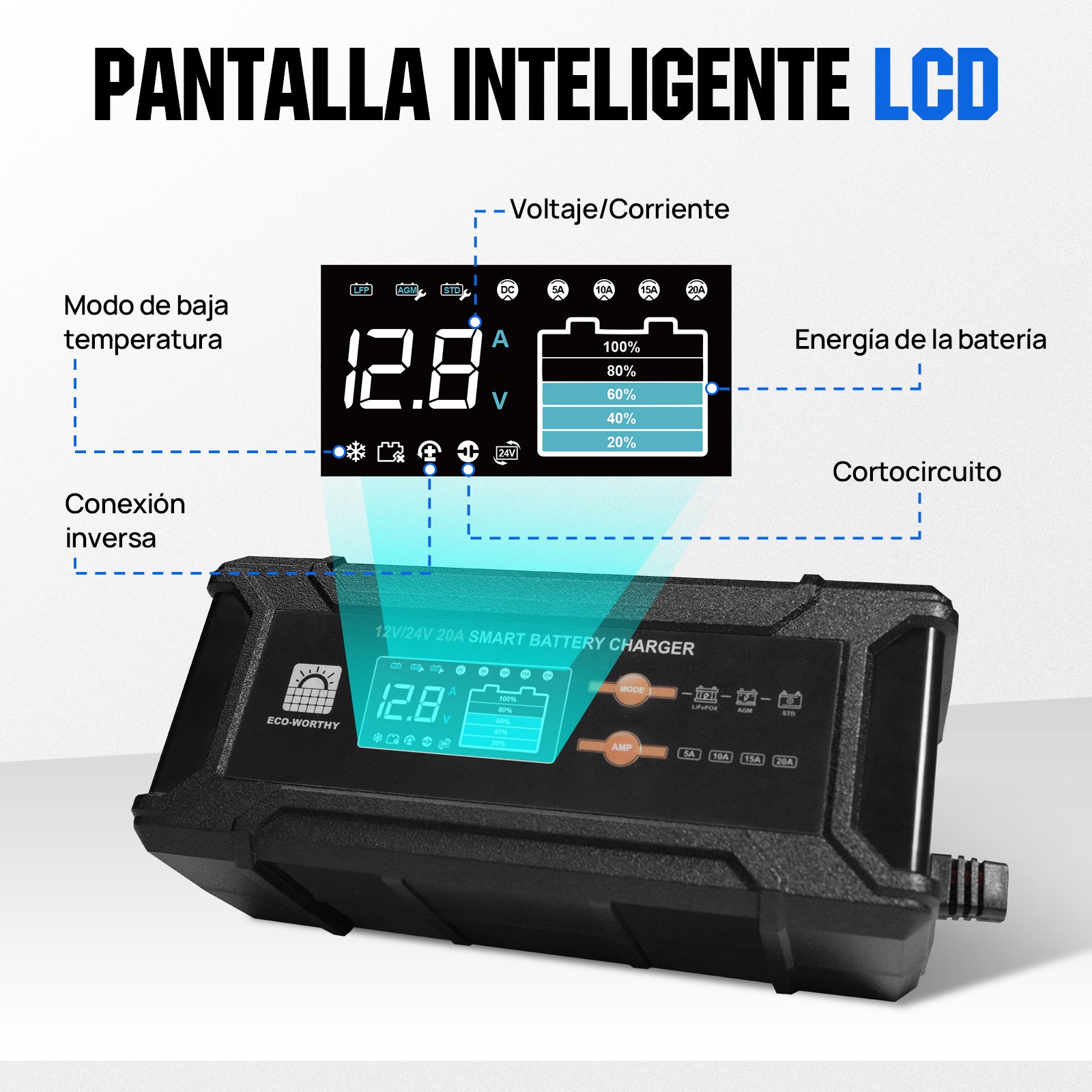 Cargador de batería inteligente de 20 A, 12 V/24 V con pantalla LCD para la mayoría de las baterías