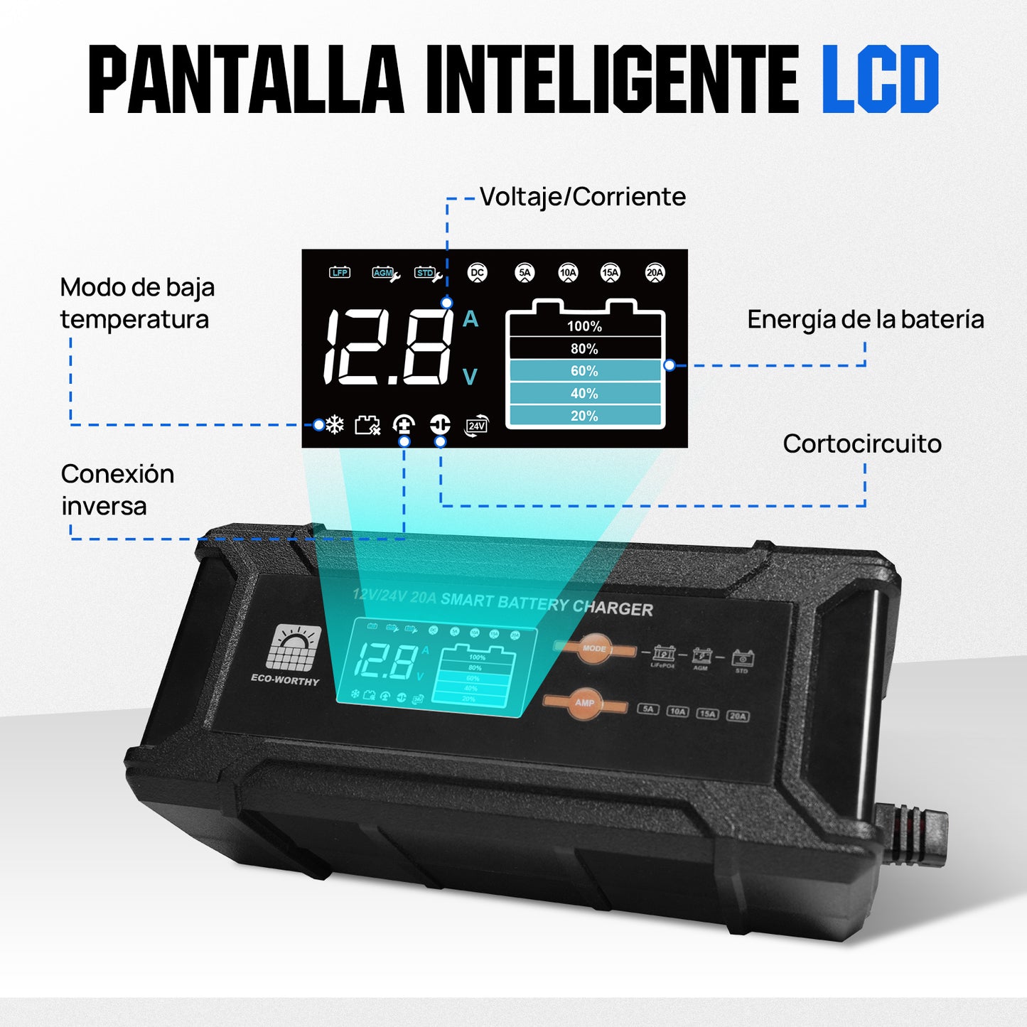 Cargador de batería inteligente de 20 A, 12 V/24 V con pantalla LCD para la mayoría de las baterías