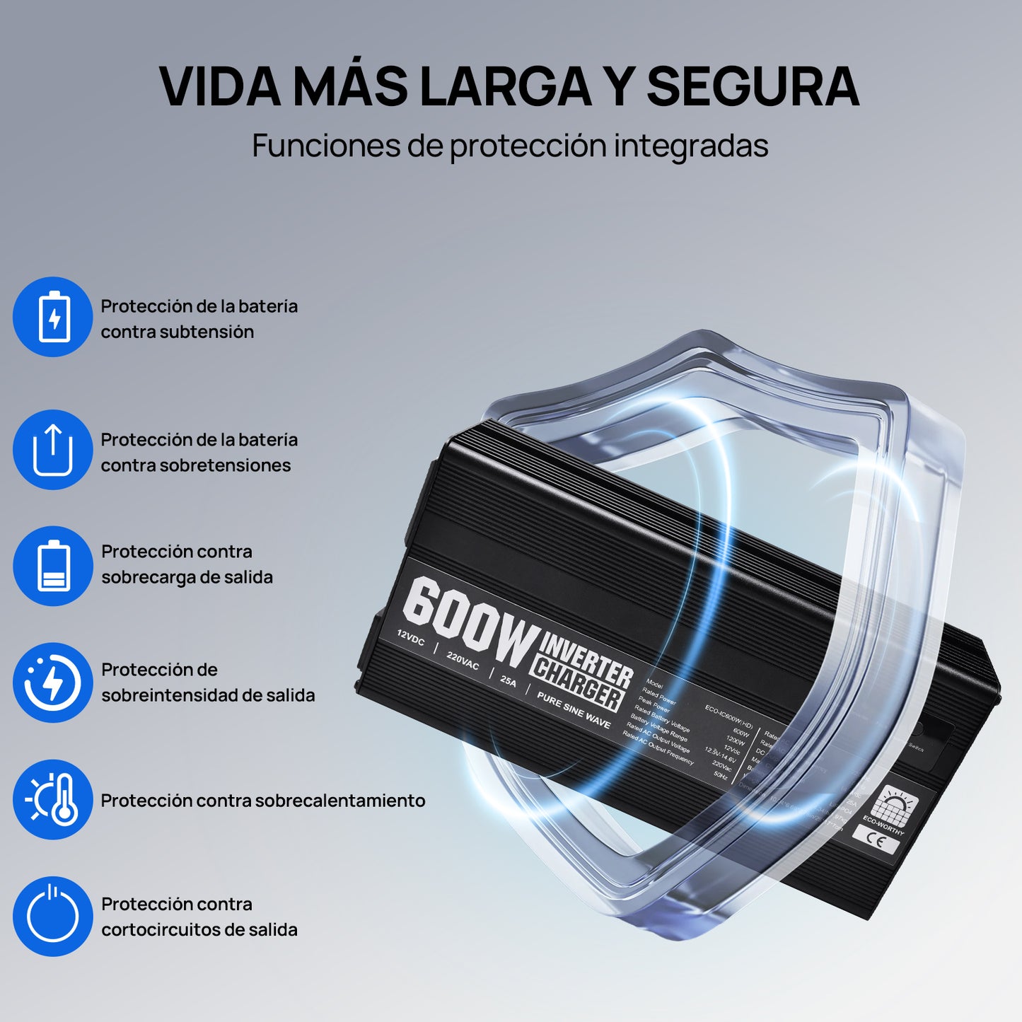Cargador de batería LiFePO4 de 14,6V y 25A con inversor de 600 W de 12V a 230V para batería