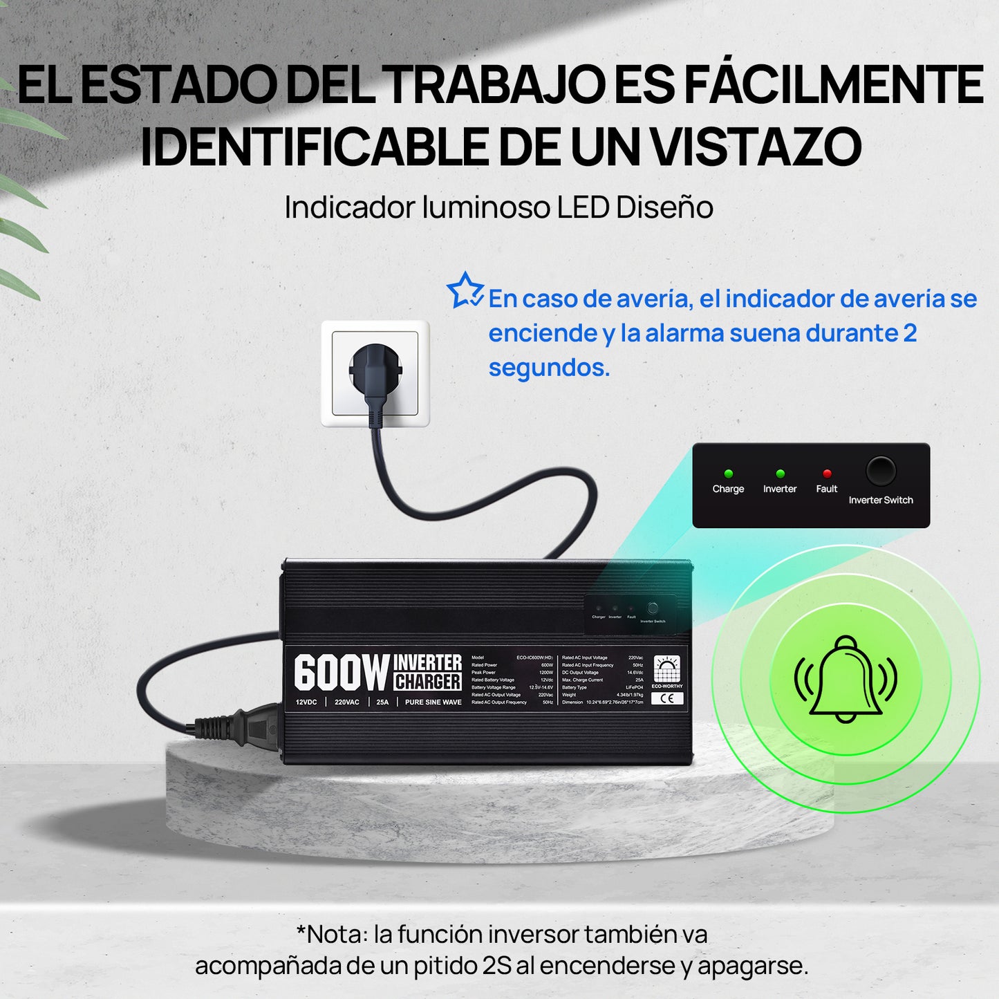 Cargador de batería LiFePO4 de 14,6V y 25A con inversor de 600 W de 12V a 230V para batería