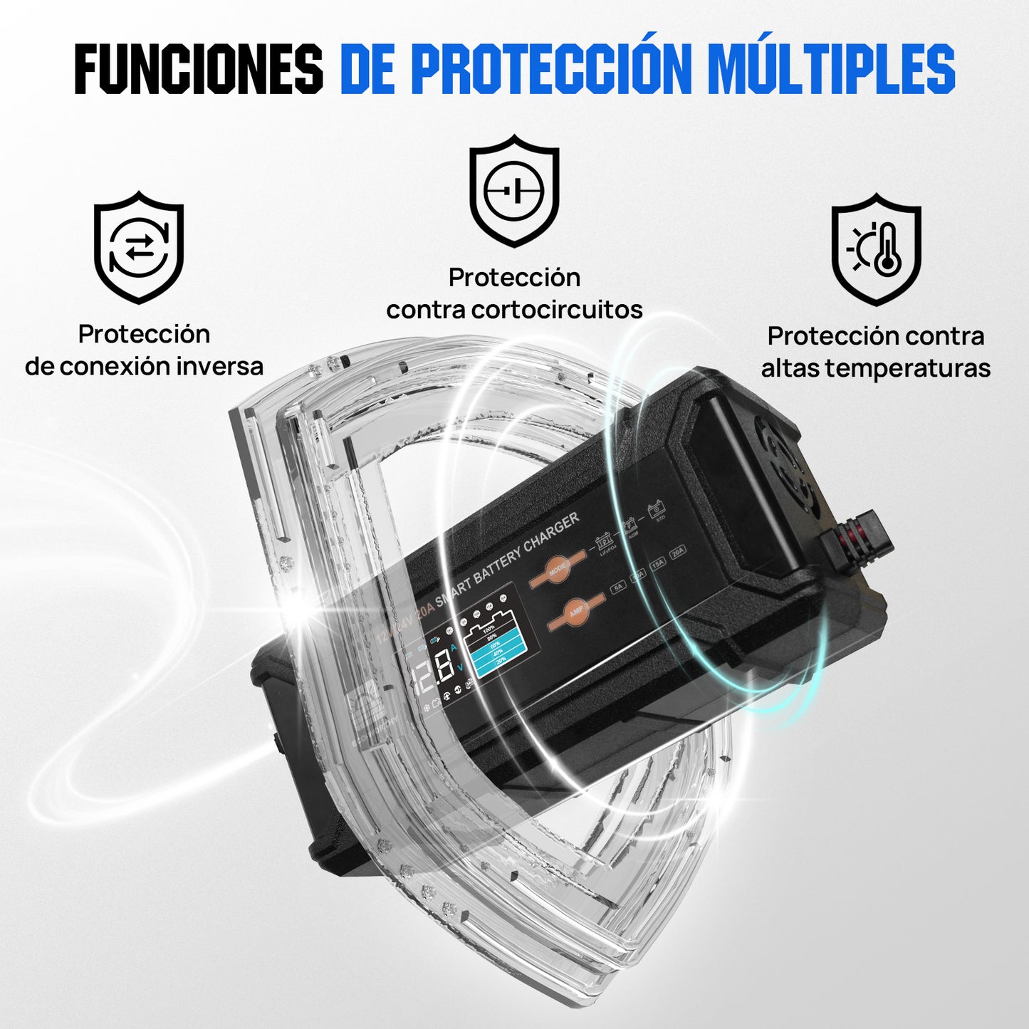 Cargador de batería inteligente de 20 A, 12 V/24 V con pantalla LCD para la mayoría de las baterías
