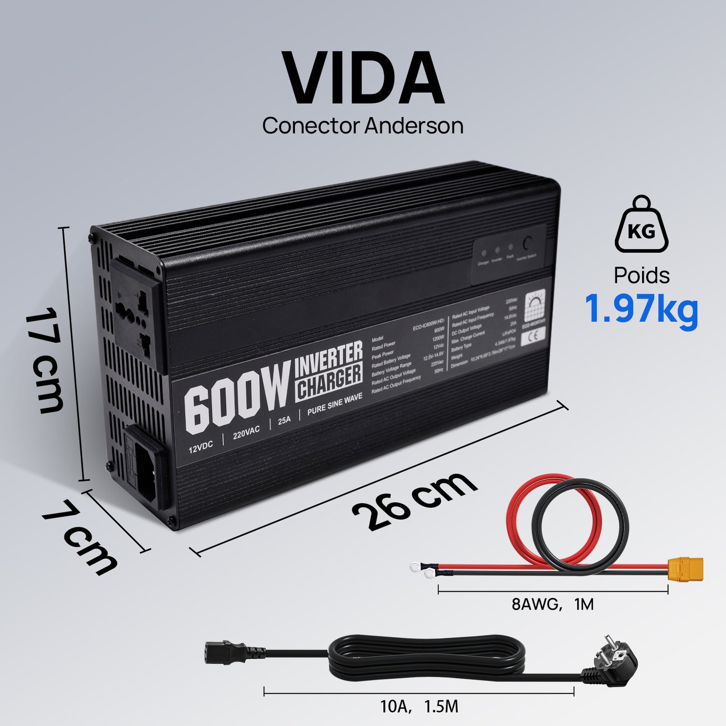 Cargador de batería LiFePO4 de 14,6V y 25A con inversor de 600 W de 12V a 230V para batería