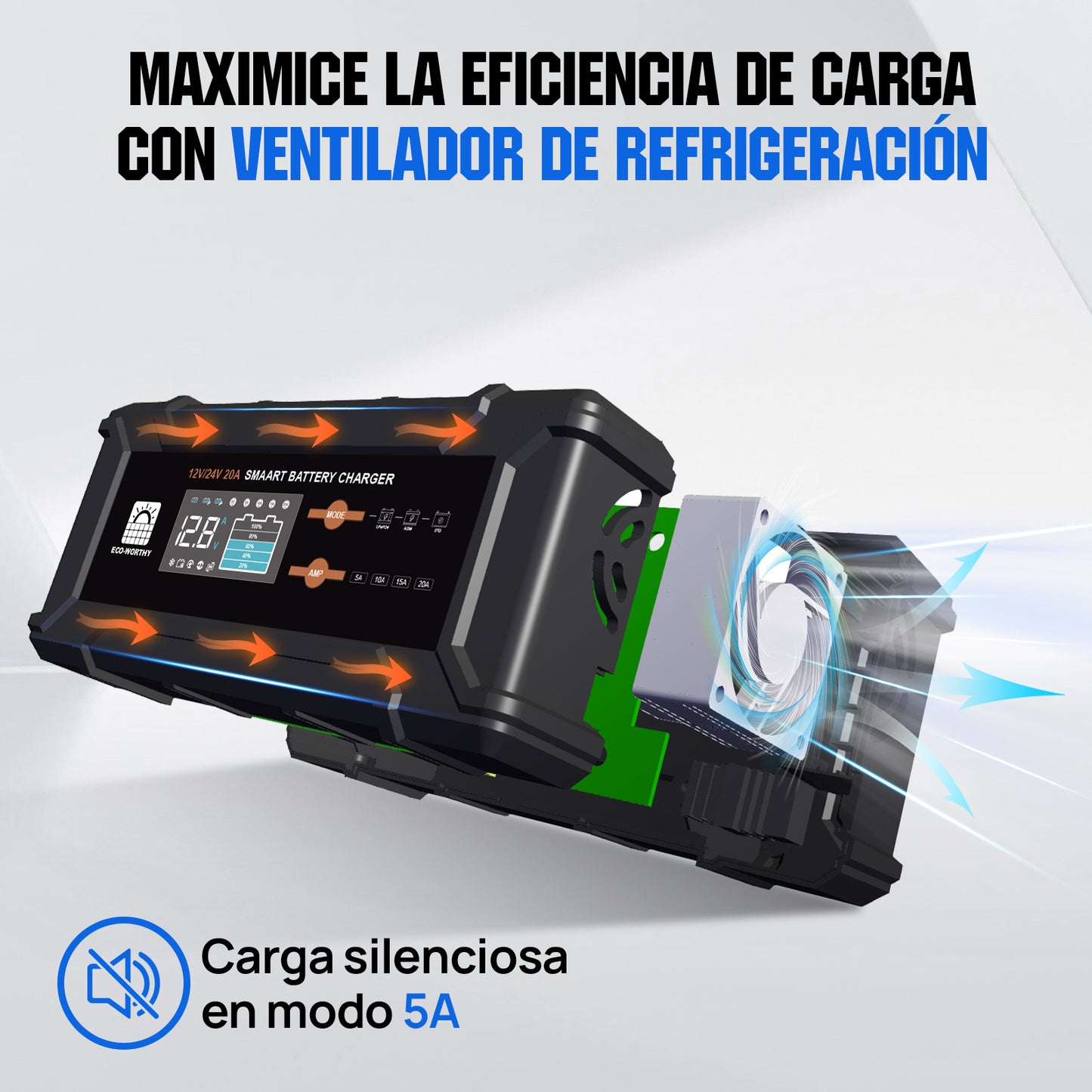 Cargador de batería inteligente de 20 A, 12 V/24 V con pantalla LCD para la mayoría de las baterías