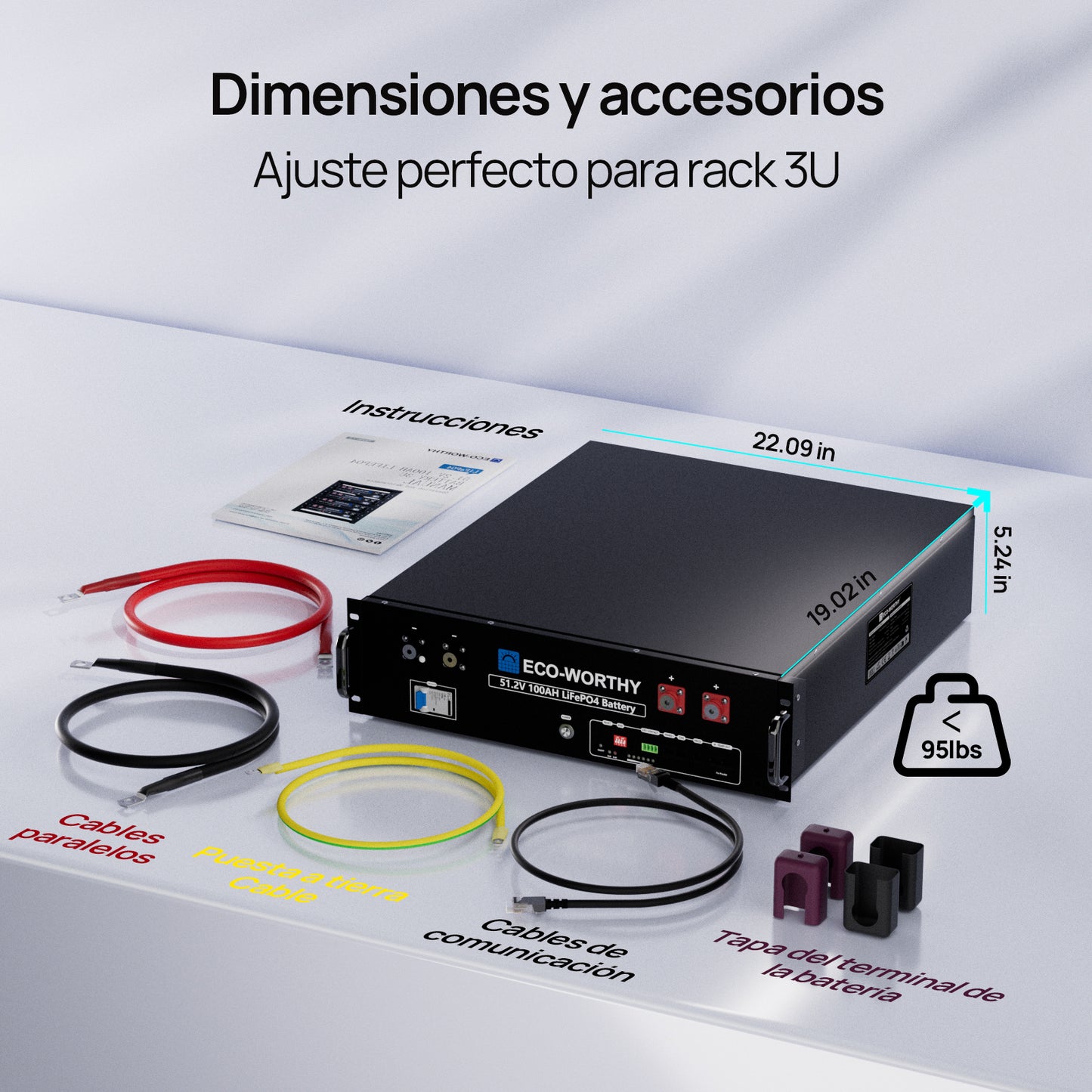Batería para rack de servidor ECO-WORTHY de 48V(51,2V) 100 Ah LiFePO4, tamaño 3U, con Bluetooth y wifi