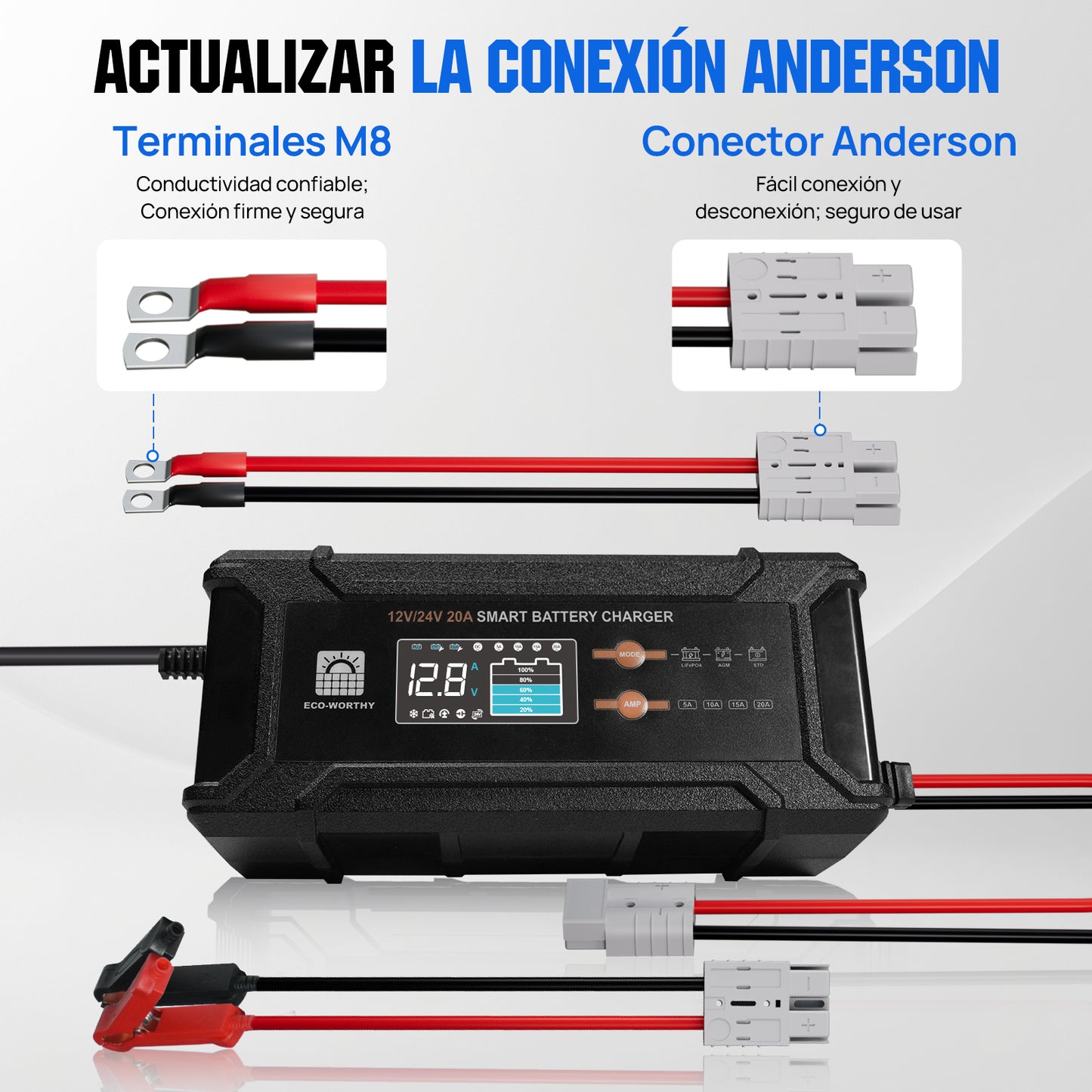 Cargador de batería inteligente de 20 A, 12 V/24 V con pantalla LCD para la mayoría de las baterías