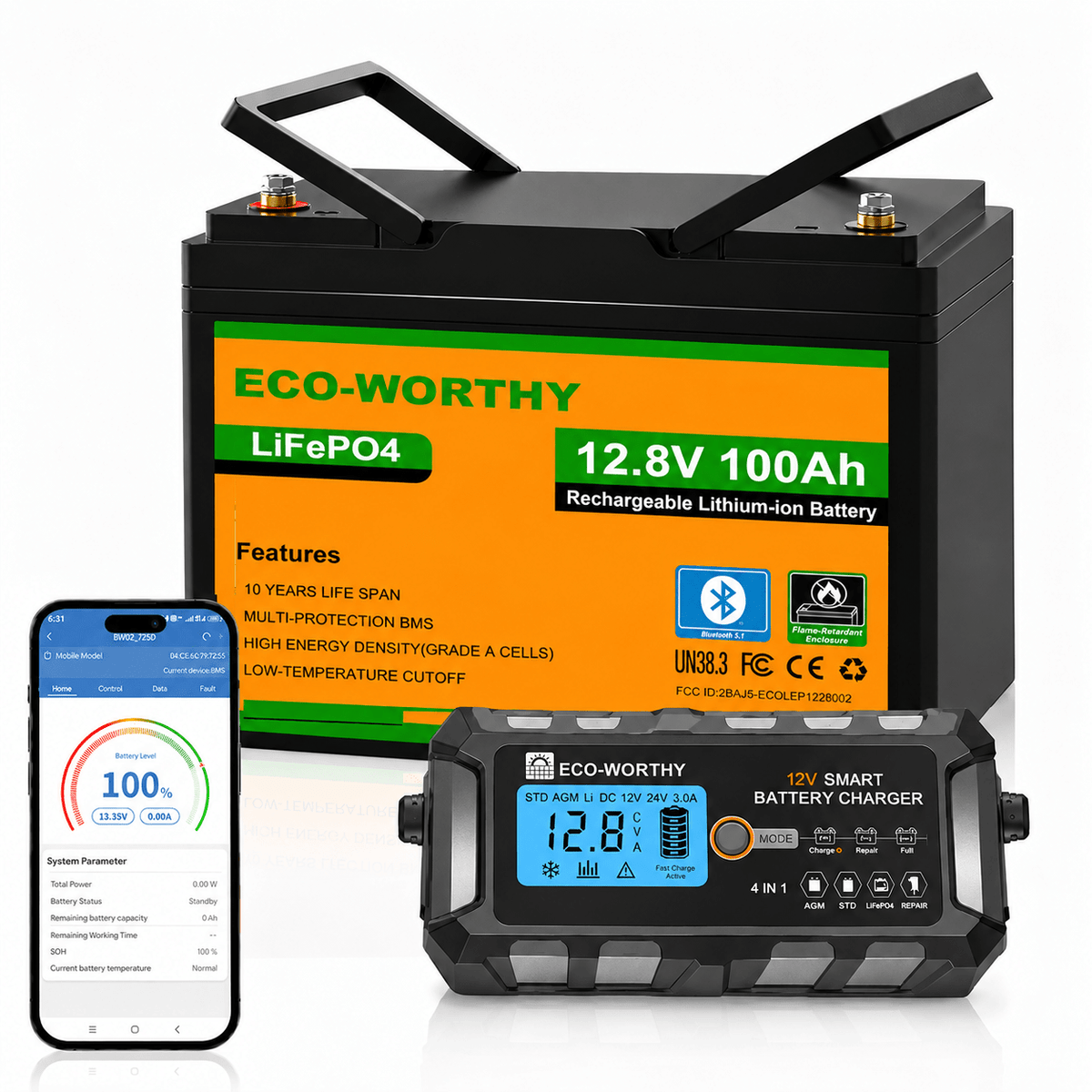 ECO-WORTHY Batería Litio LiFePO4 12V 100Ah con Bluetooth - Batería Litio LiFePO4 12V - eco-worthy-es