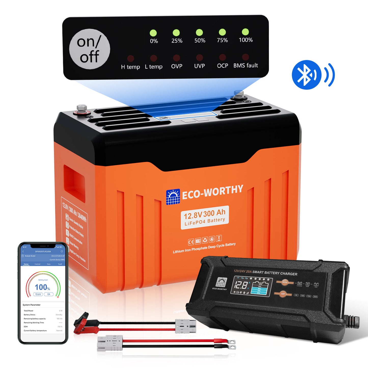 Batería de litio LiFePO4 de 12V y 300Ah con Bluetooth