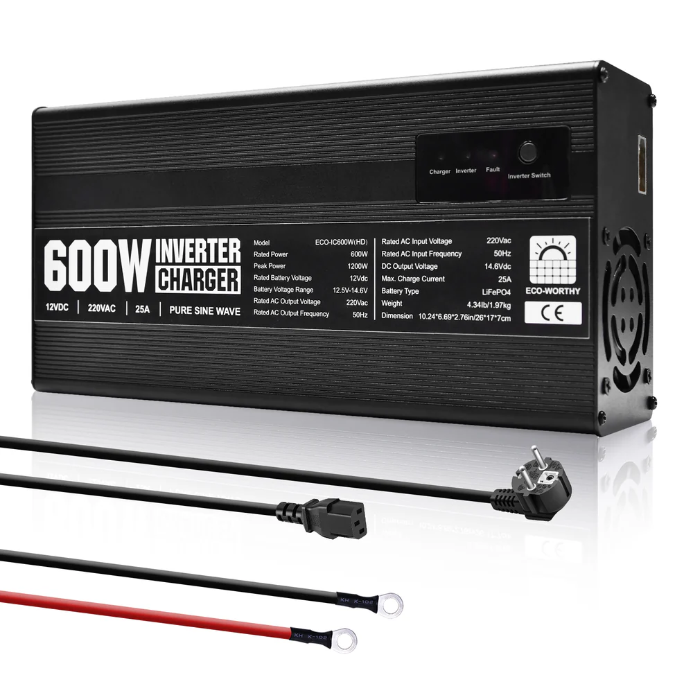 Cargador de batería LiFePO4 de 14,6V y 25A con inversor de 600 W de 12V a 230V para batería
