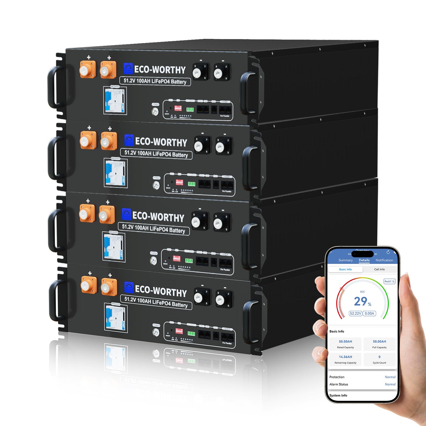 Batería para rack de servidor ECO-WORTHY de 48V(51,2V) 100 Ah LiFePO4, tamaño 3U, con Bluetooth y wifi- Versión 3
