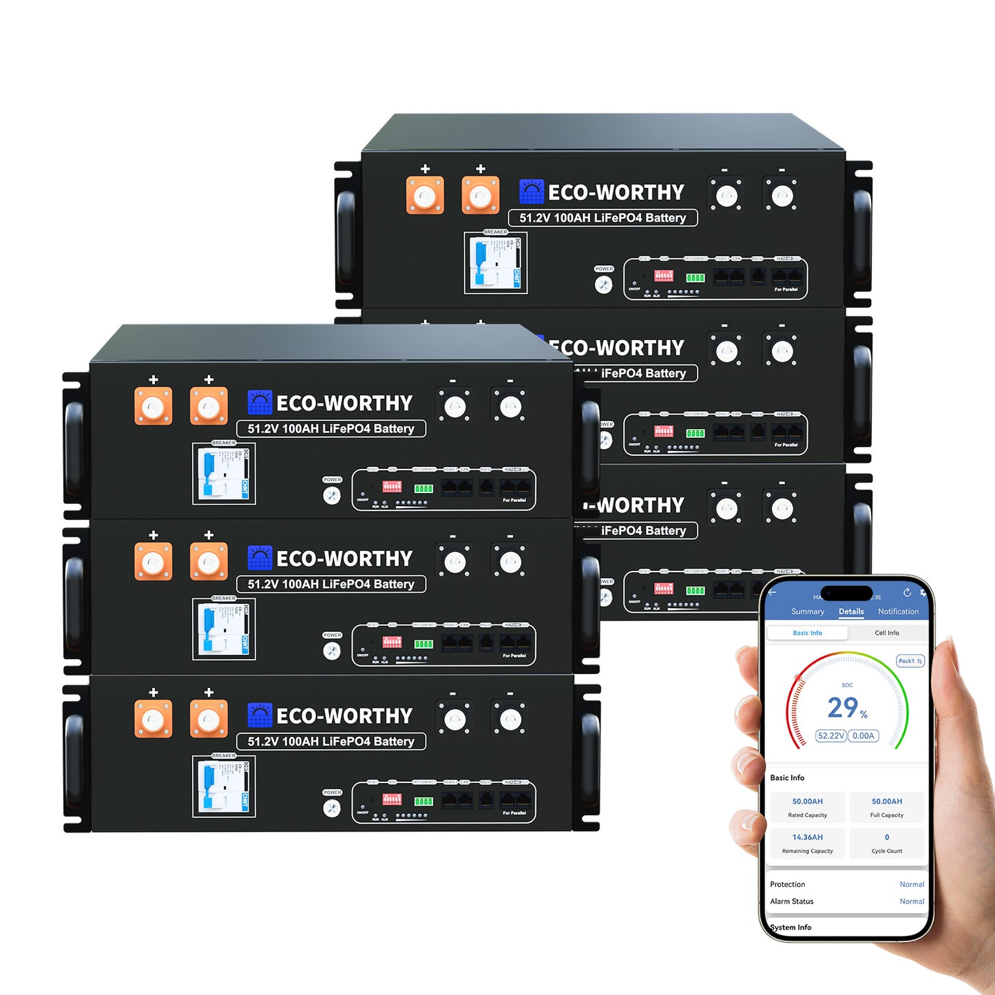 Batería para rack de servidor ECO-WORTHY de 48V(51,2V) 100 Ah LiFePO4, tamaño 3U, con Bluetooth y wifi- Versión 3