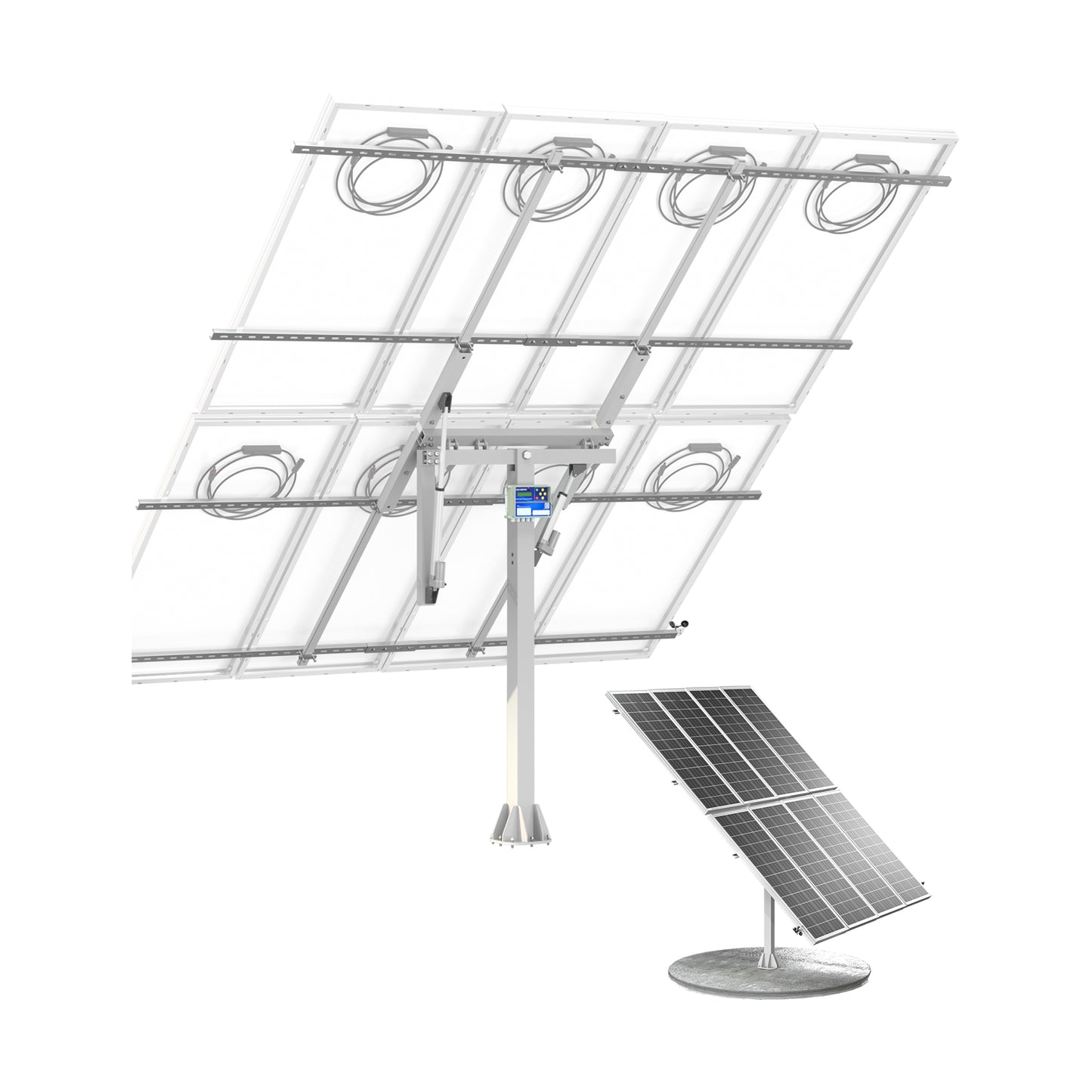 Sistema de seguimiento solar de doble eje ECO-WORTHY (versión extendida, +40% de eficiencia) con controlador de seguimiento