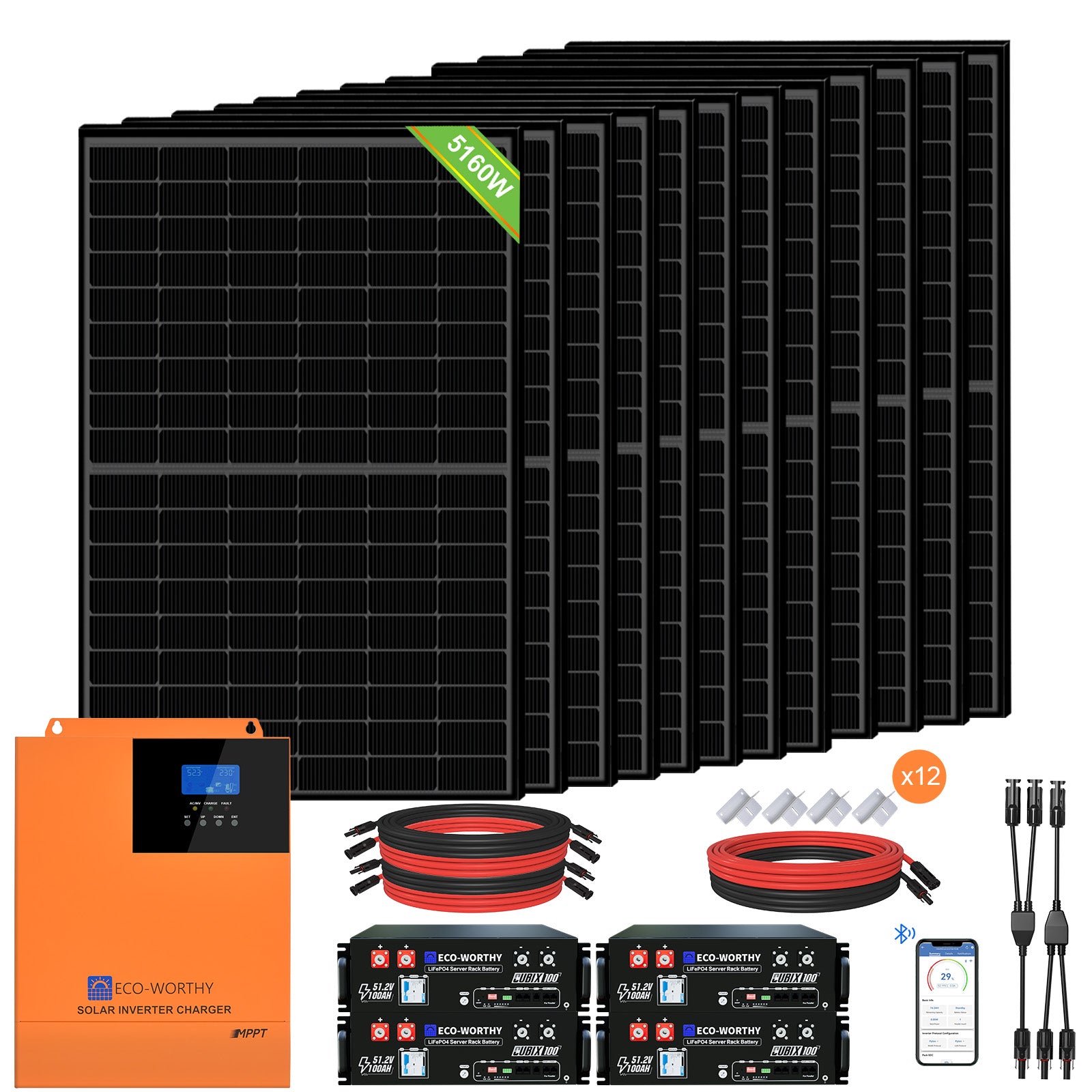 Kit solar MPPT completo para autoconsumo fuera de la red 48V 5160W (12x 430W) - 2000W - 5000W Kit Solar Aislada - eco - worthy - es