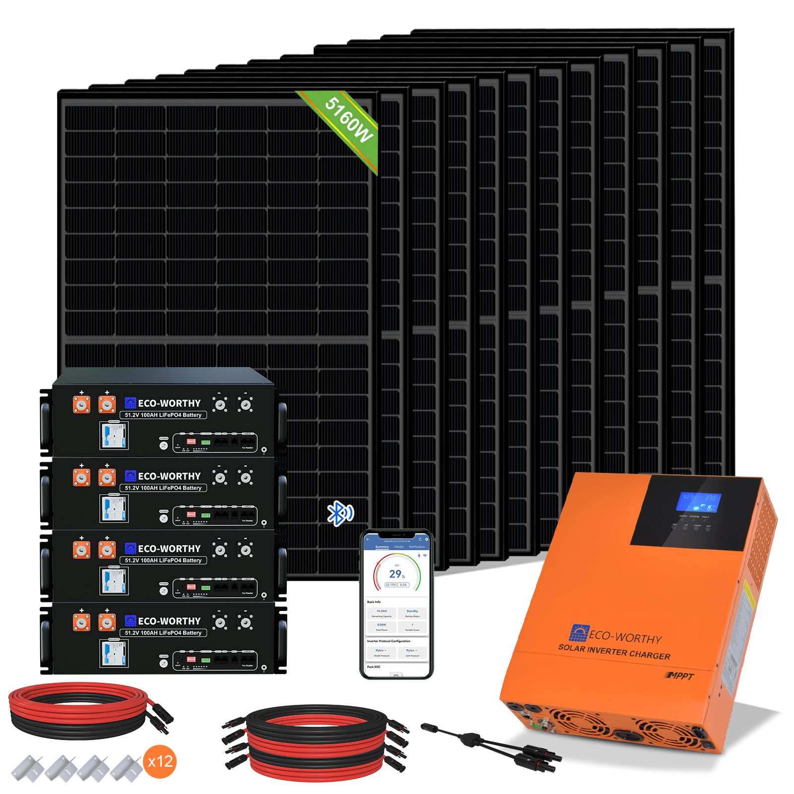 Kit solar MPPT completo para autoconsumo fuera de la red 48V 5160W (12x 430W)