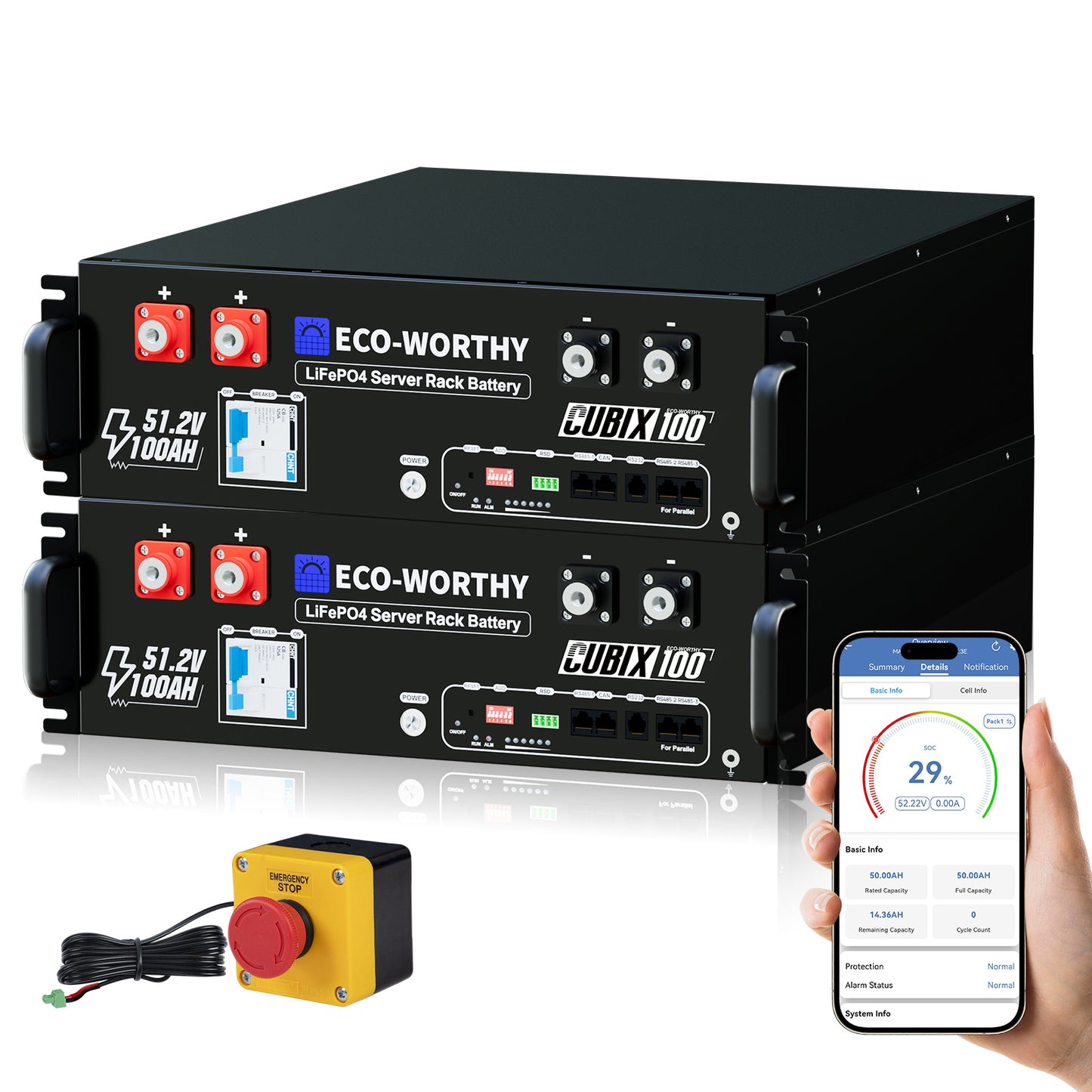 Batería para rack de servidor ECO - WORTHY de 48V(51,2V) 100 Ah LiFePO4, tamaño 3U, con Bluetooth y wifi - Versión 3 - Batería Litio LiFePO4 48V - eco - worthy - es