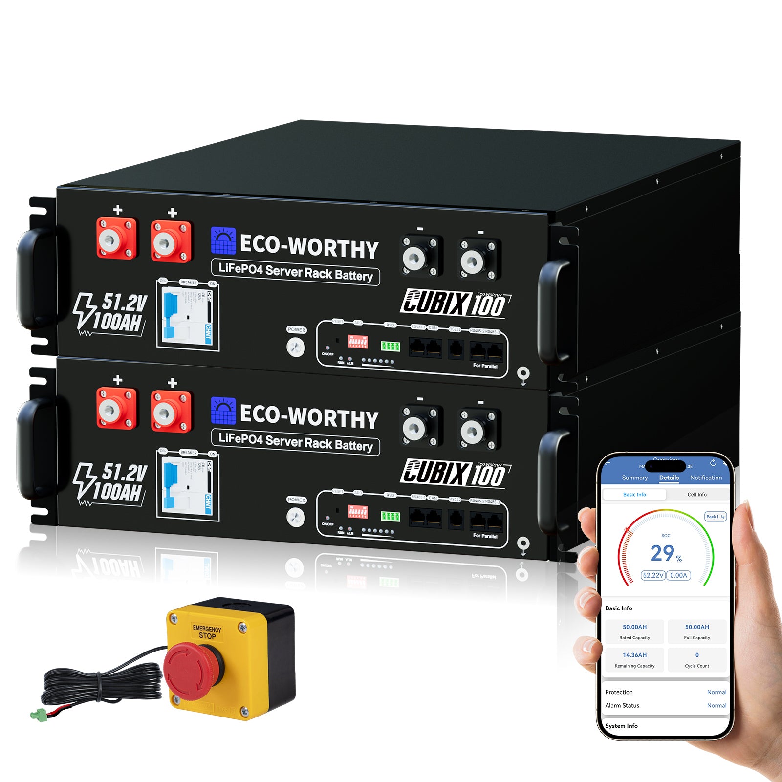 Batería para rack de servidor ECO - WORTHY de 48V(51,2V) 100 Ah LiFePO4, tamaño 3U, con Bluetooth y wifi - Versión 3 - Batería Litio LiFePO4 48V - eco - worthy - es
