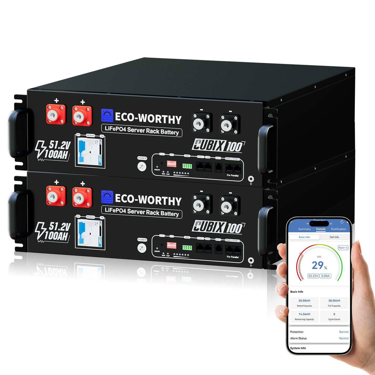 Batería para rack de servidor ECO-WORTHY de 48V(51,2V) 100 Ah LiFePO4, tamaño 3U, con Bluetooth y wifi- Versión 3