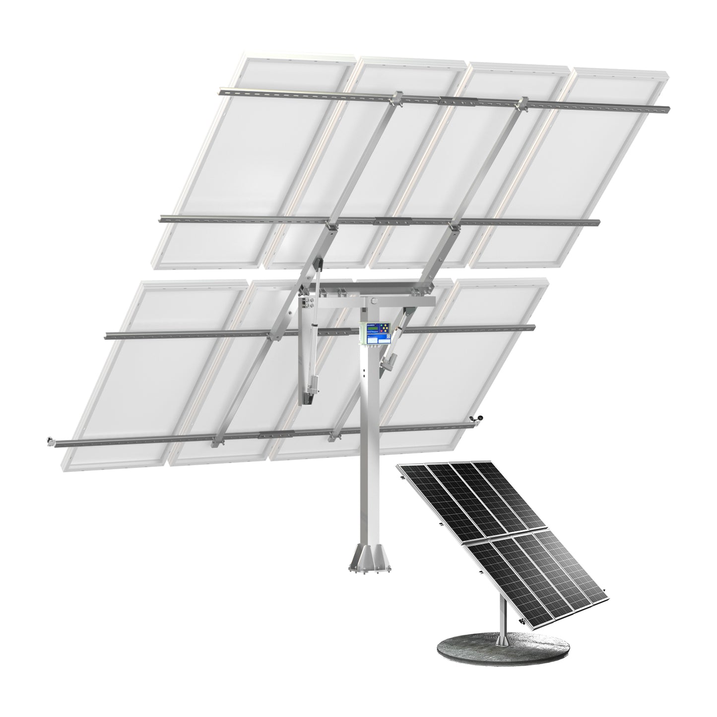 Sistema de seguimiento solar de doble eje ECO-WORTHY (versión extendida, +40% de eficiencia) con controlador de seguimiento
