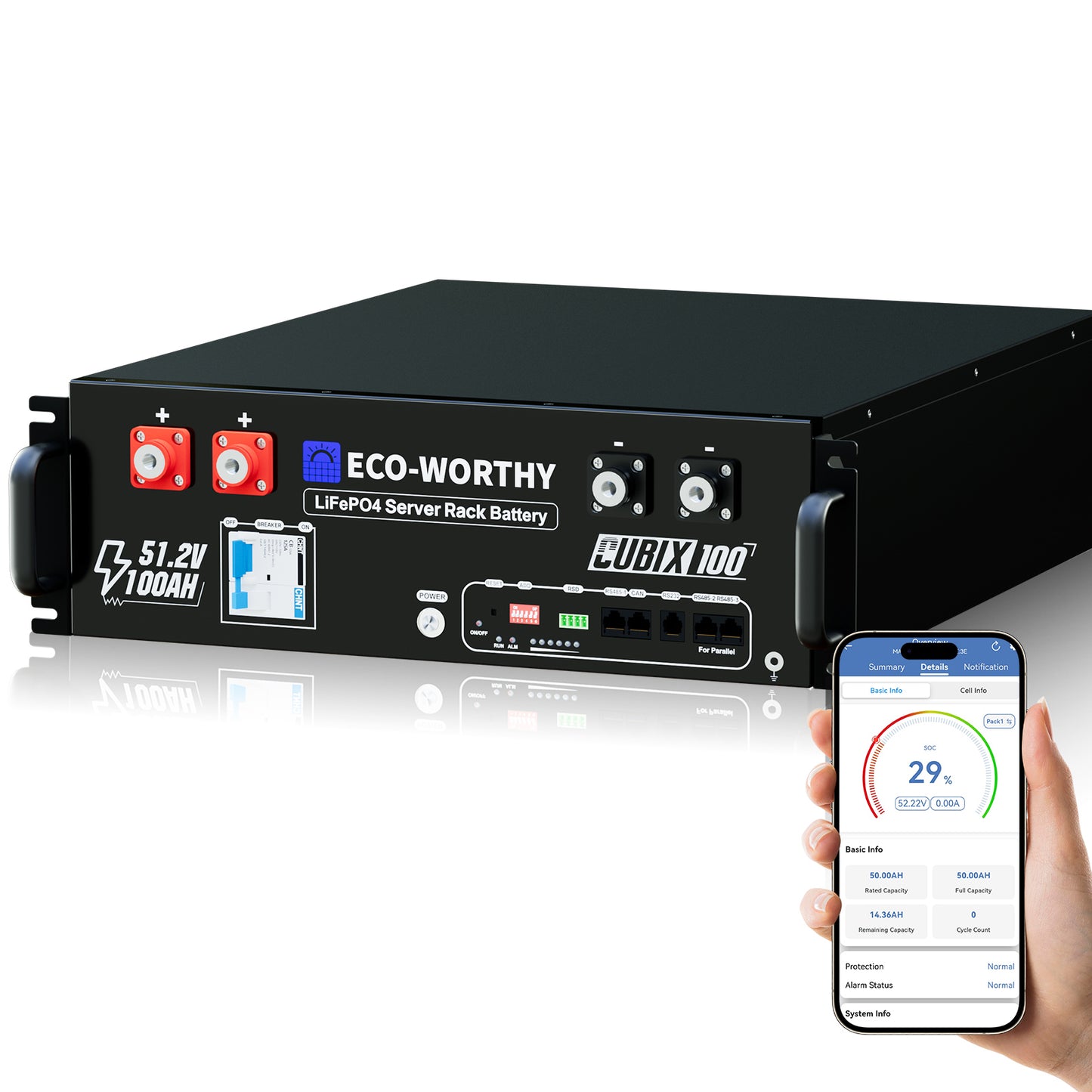 Batería para rack de servidor ECO-WORTHY de 48V(51,2V) 100 Ah LiFePO4, tamaño 3U, con Bluetooth y wifi- Versión 3