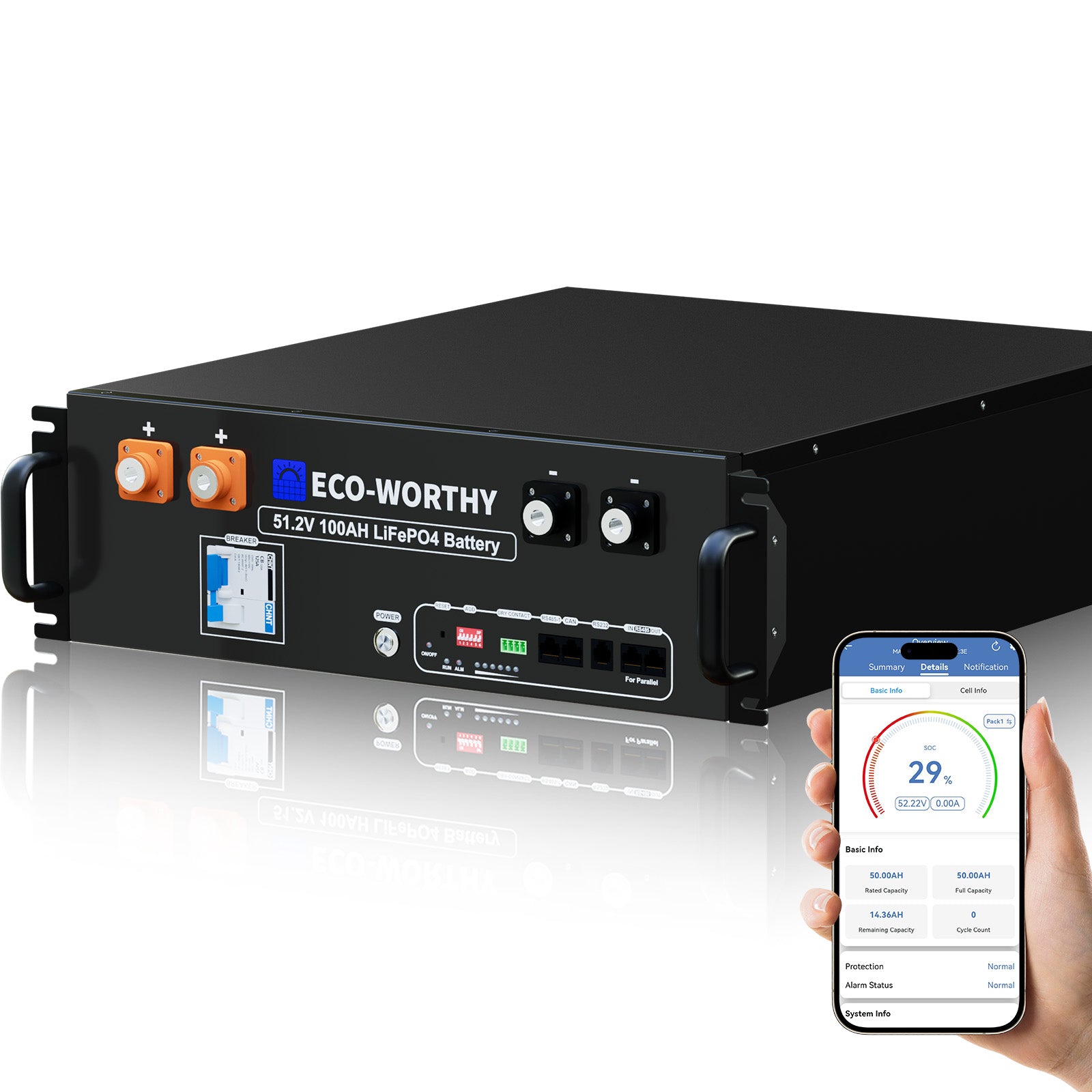 Batería para rack de servidor ECO-WORTHY de 48V(51,2V) 100 Ah LiFePO4, tamaño 3U, con Bluetooth y wifi- Versión 3