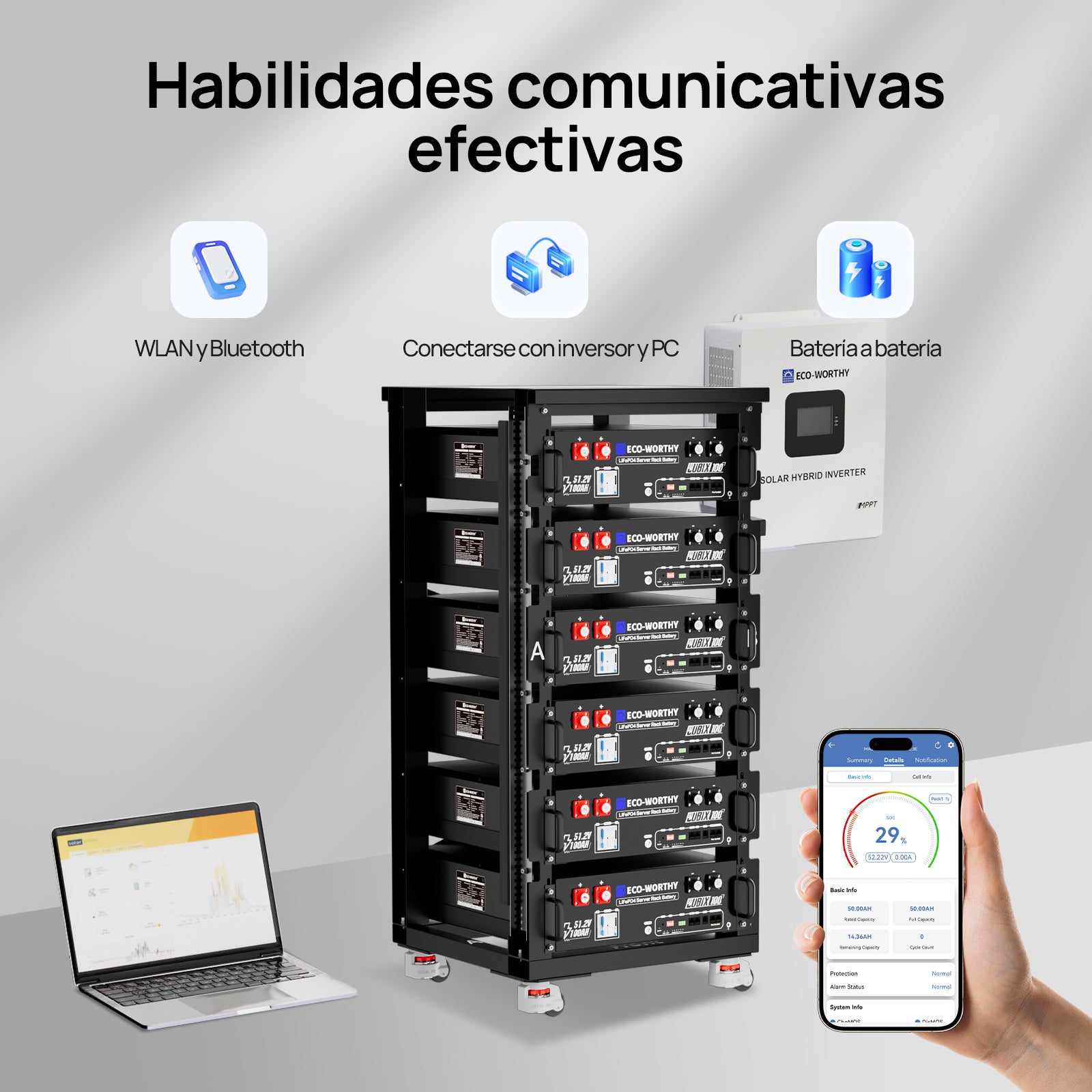 Batería para rack de servidor ECO-WORTHY de 48V(51,2V) 100 Ah LiFePO4, tamaño 3U, con Bluetooth y wifi- Versión 3