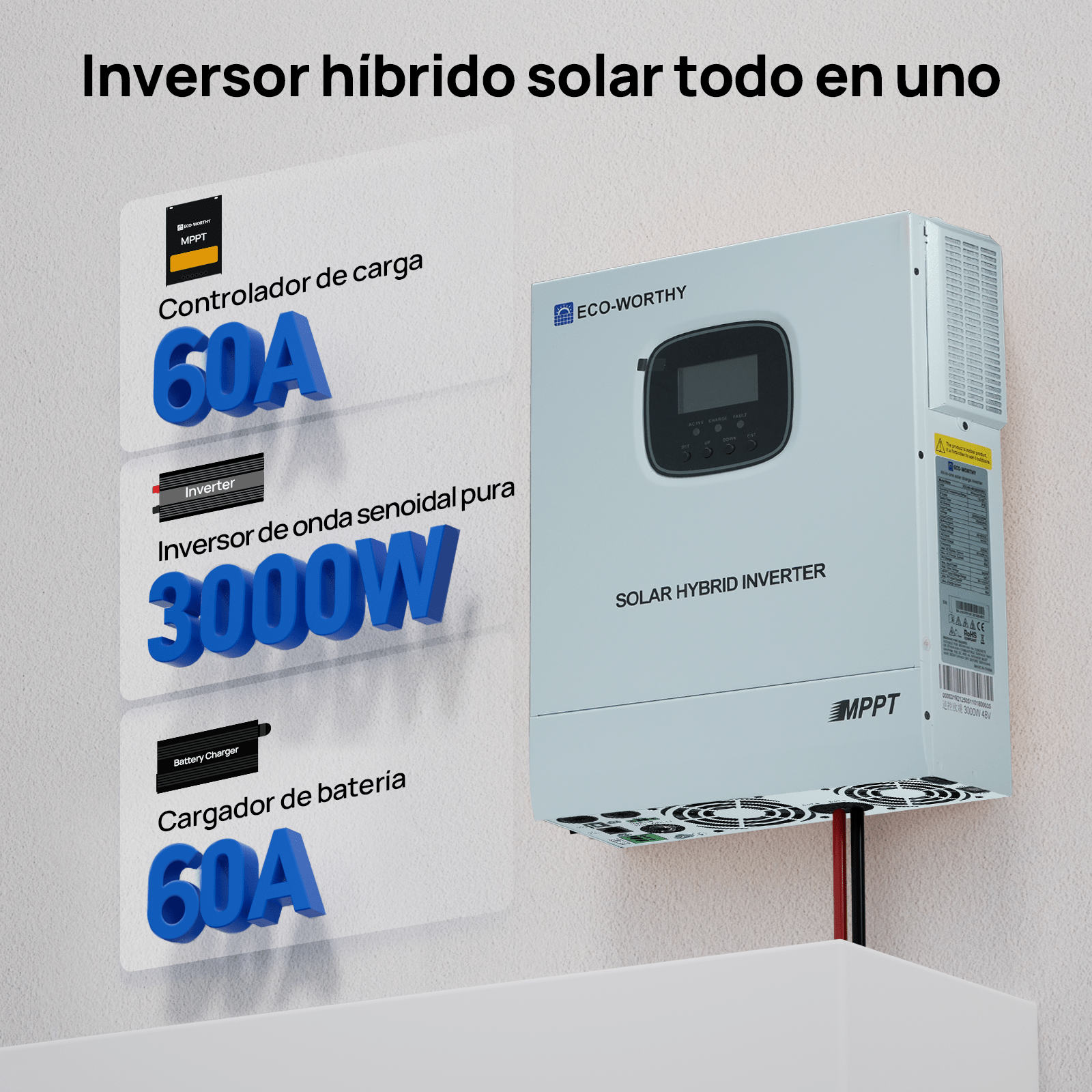 Inversor/cargador solar todo en uno ECO - WORTHY de 48V 3000W | MPPT de 60A, entrada fotovoltaica de 3400W - Inversores Solares - eco - worthy - es