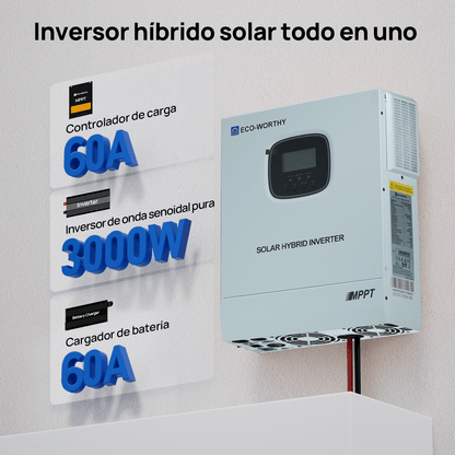 Inversor/cargador solar todo en uno ECO - WORTHY de 48V 3000W | MPPT de 60A, entrada fotovoltaica de 3400W - Inversores Solares - eco - worthy - es