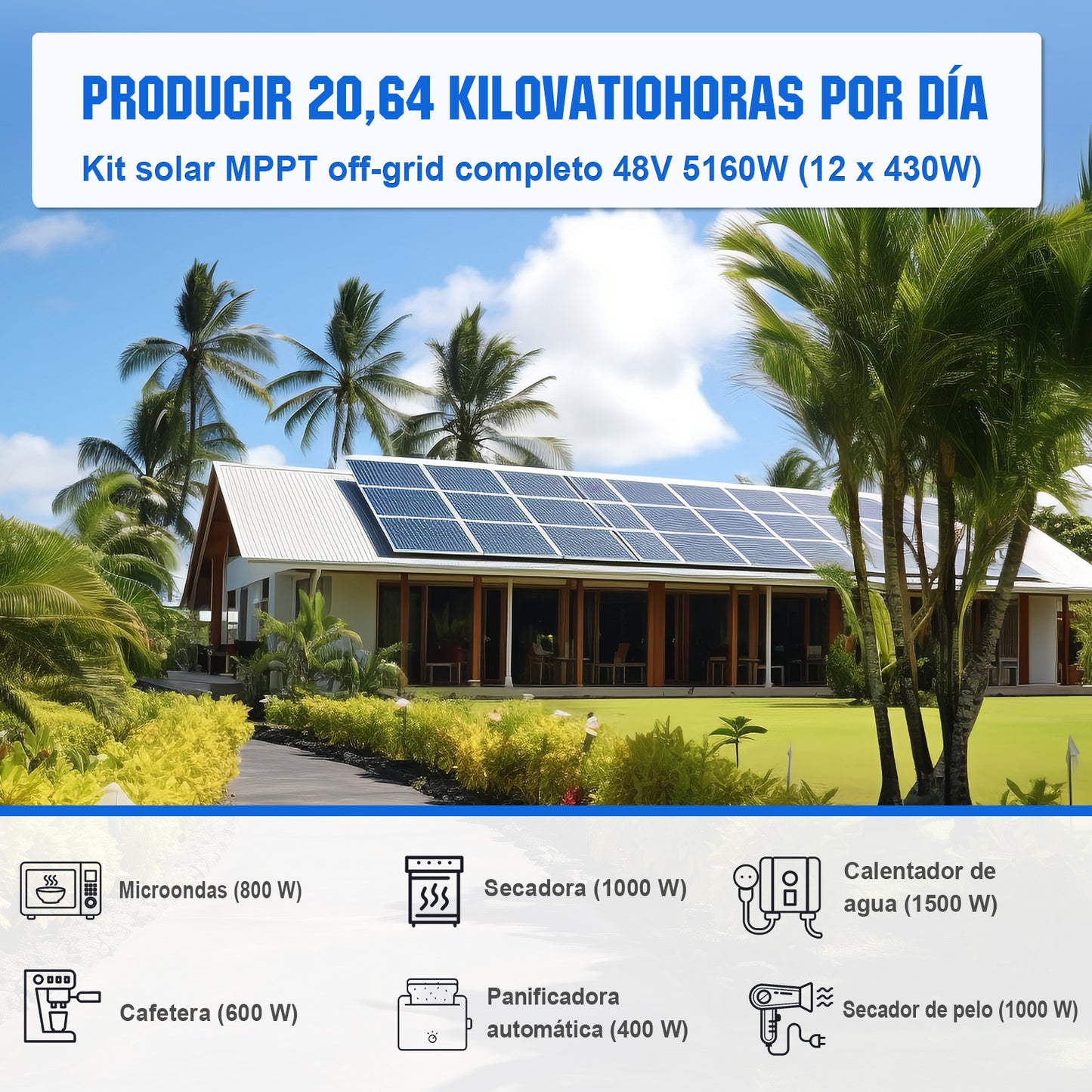 Kit solar MPPT completo para autoconsumo fuera de la red 48V 5160W (12x 430W)