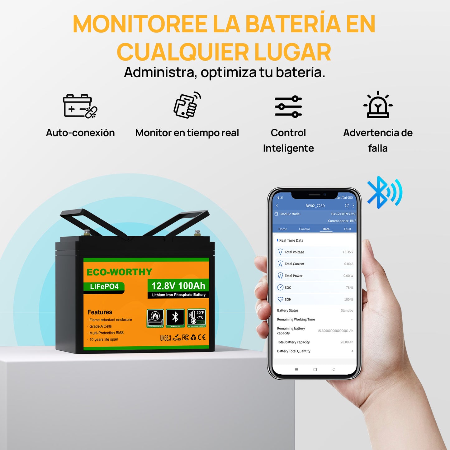 Batería Litio LiFePO4 12V 100Ah con Bluetooth
