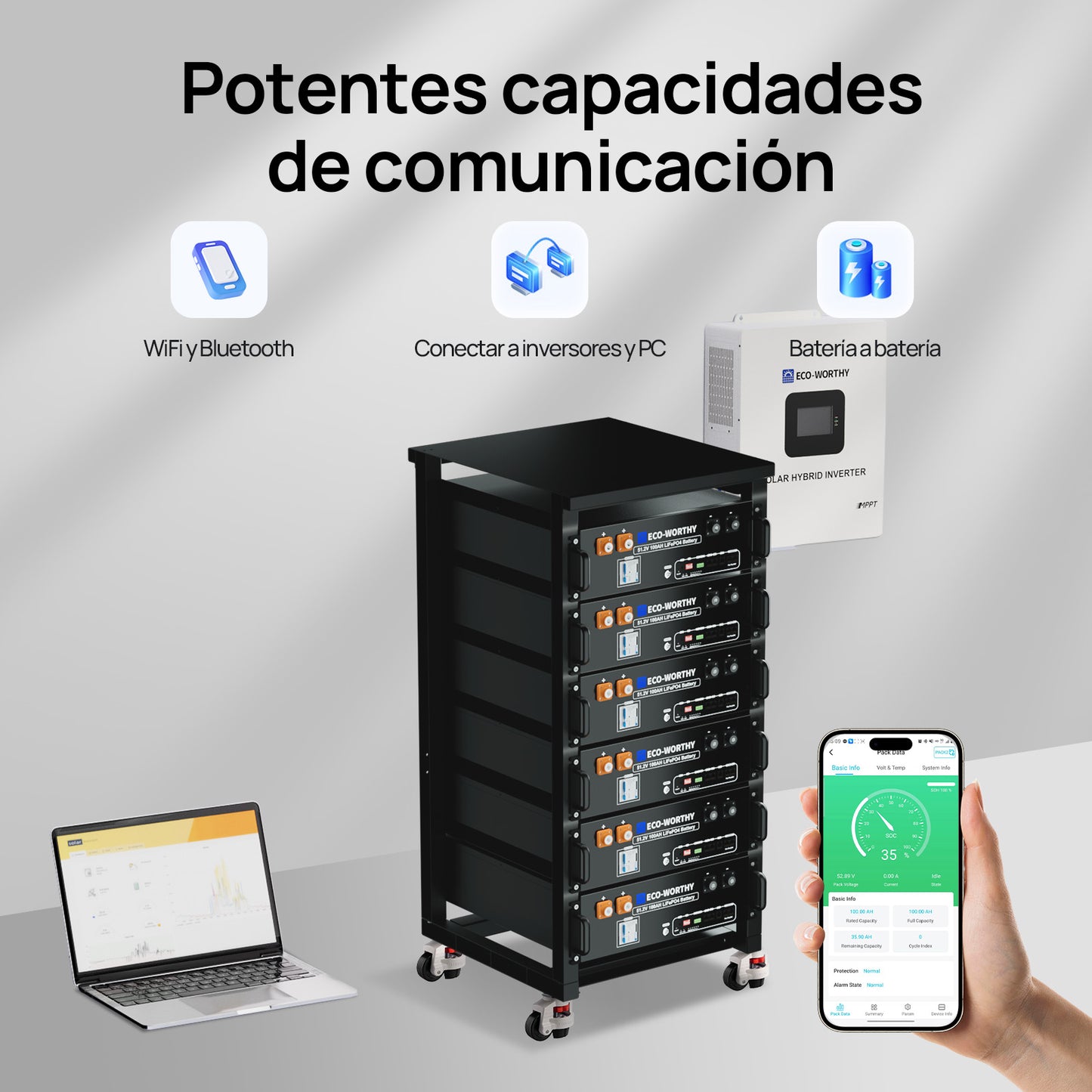 Batería para rack de servidor ECO-WORTHY de 48V(51,2V) 100 Ah LiFePO4, tamaño 3U, con Bluetooth y wifi- Versión 3