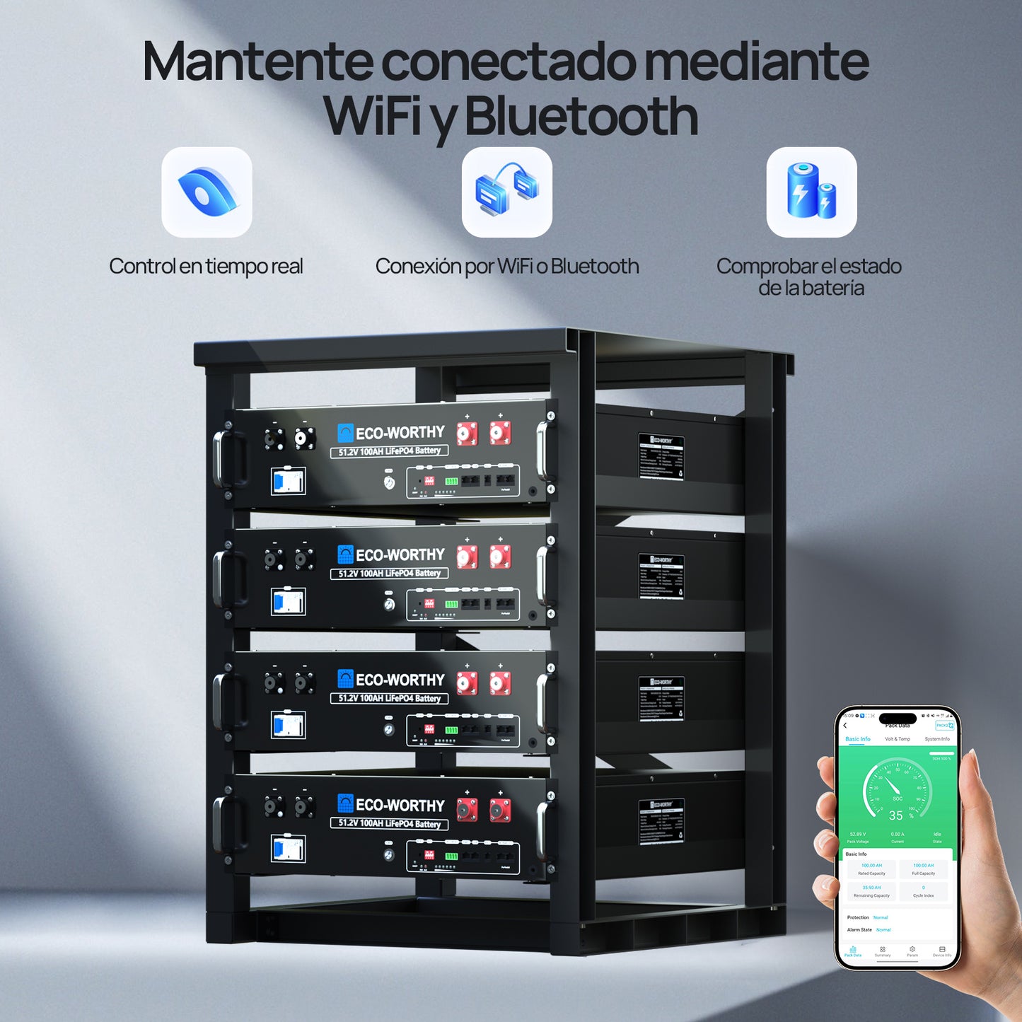Batería para rack de servidor ECO-WORTHY de 48V(51,2V) 100 Ah LiFePO4, tamaño 3U, con Bluetooth y wifi