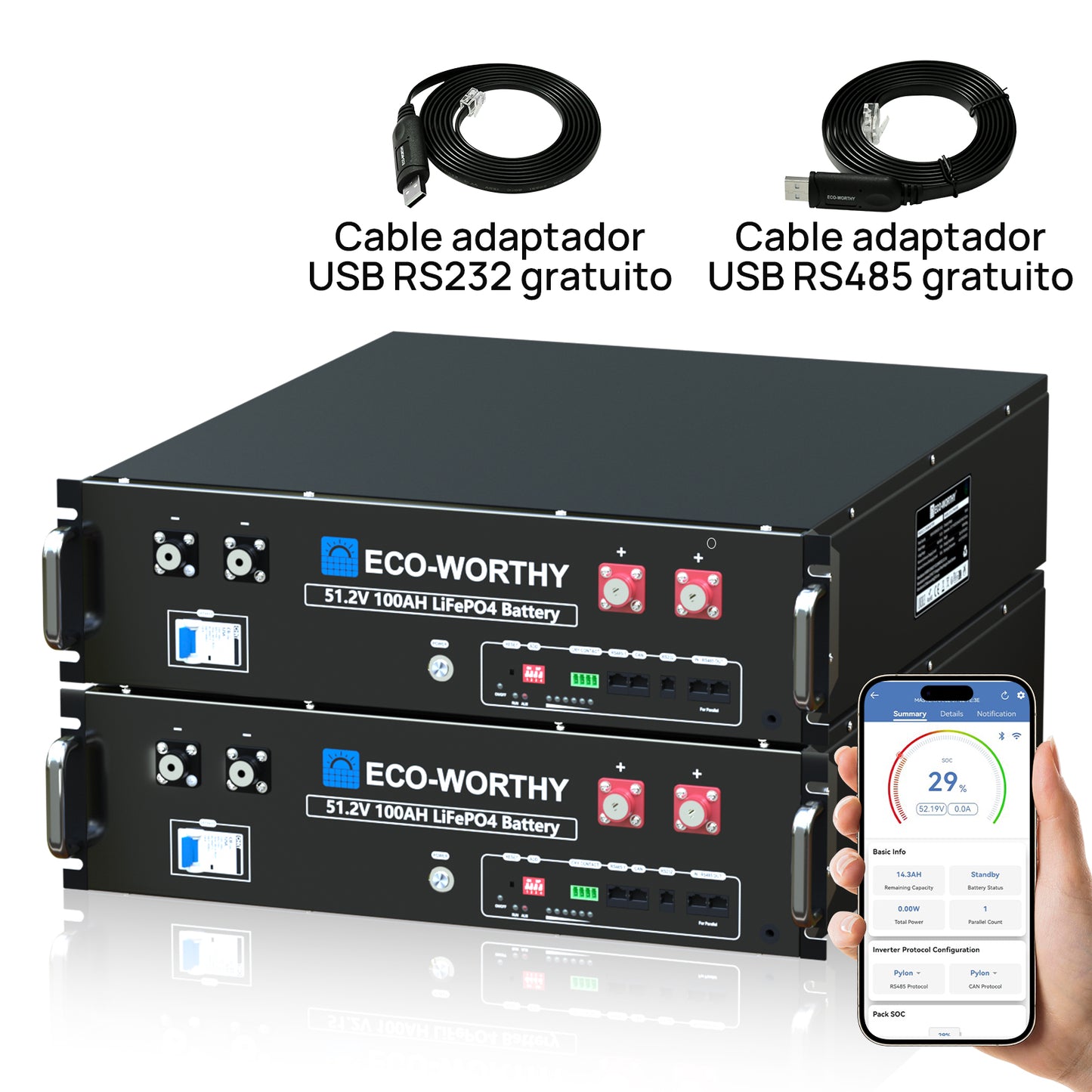 Batería para rack de servidor ECO-WORTHY de 48V(51,2V) 100 Ah LiFePO4, tamaño 3U, con Bluetooth y wifi