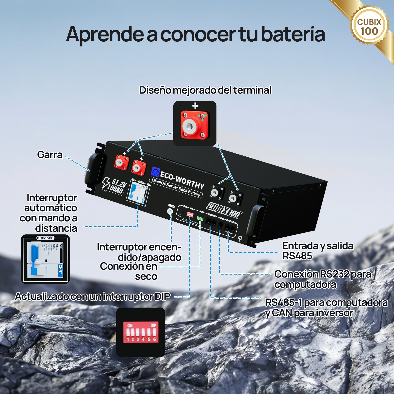 Batería para rack de servidor ECO-WORTHY de 48V(51,2V) 100 Ah LiFePO4, tamaño 3U, con Bluetooth y wifi- Versión 3