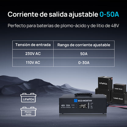 Cargador de baterías inteligente Eco-Worthy de 48V 50A: apto para la carga de generadores