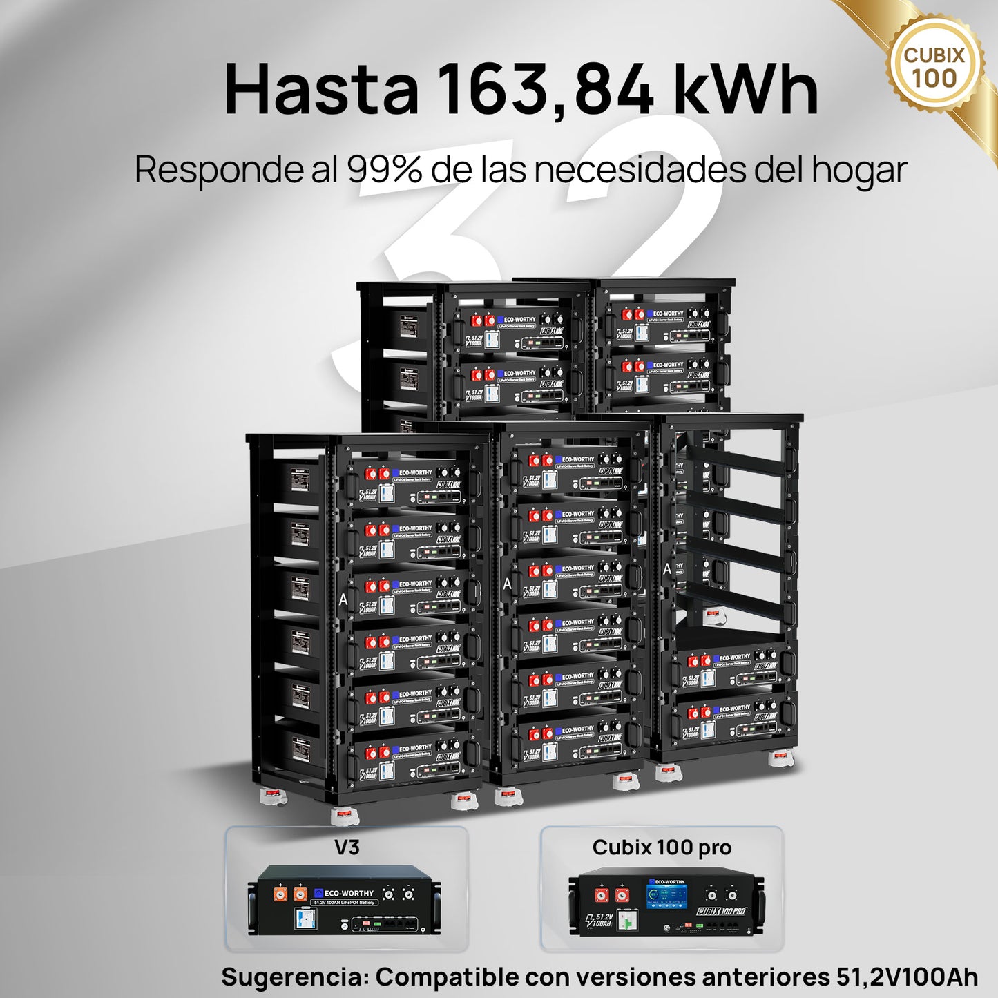 Batería para rack de servidor ECO - WORTHY de 48V(51,2V) 100 Ah LiFePO4, tamaño 3U, con Bluetooth y wifi - Versión 3 - Batería Litio LiFePO4 48V - eco - worthy - es