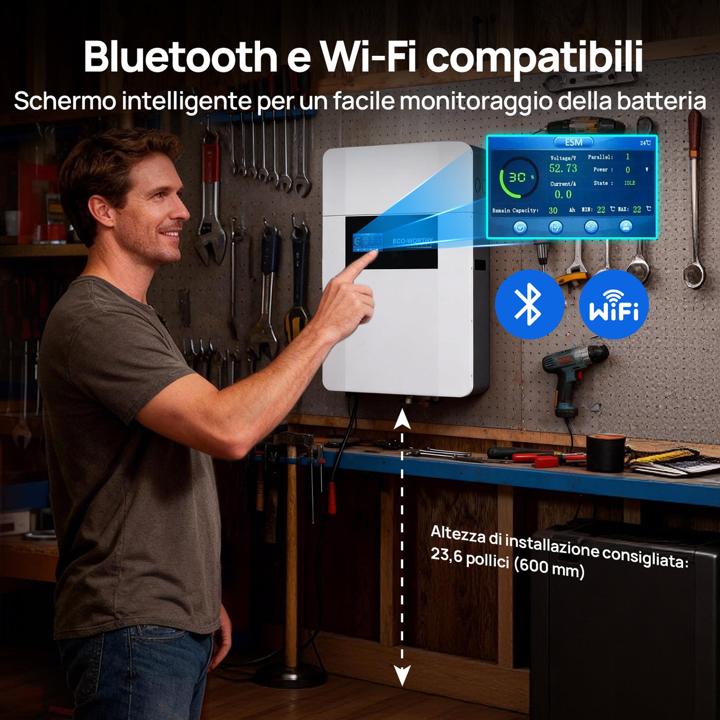 Batería de interior de montaje en pared ECO-WORTHY de 48V 100Ah con caja de conexiones | IEC 62619 | Apta para bajas temperaturas | 10 años de garantía